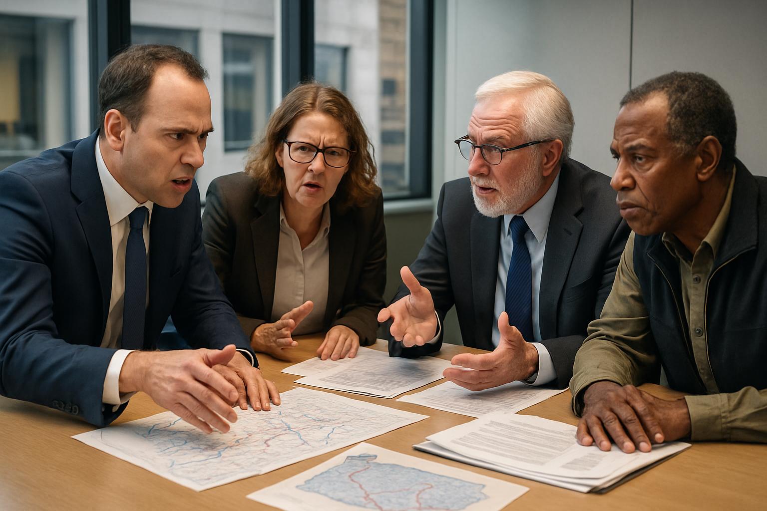 Utility executives and landowners discussing AI Power Line Battle in a Pennsylvania office.