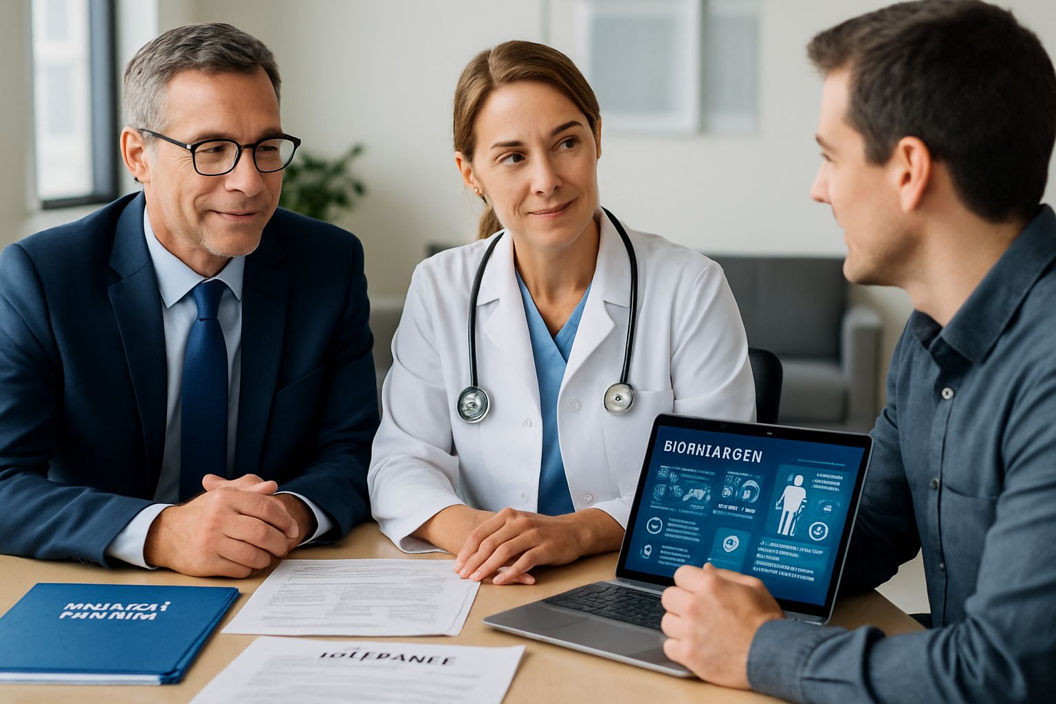 Healthcare professionals discussing Medico-Legal Liability and AI solutions in a collaborative meeting