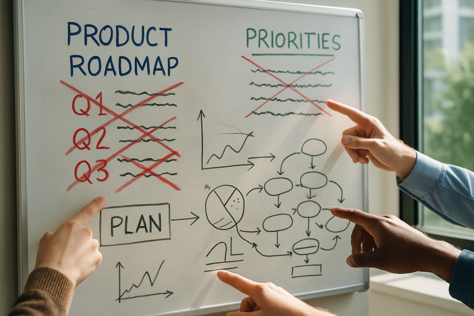 Whiteboard covered in notes illustrates a Startup Strategy Crisis in progress.