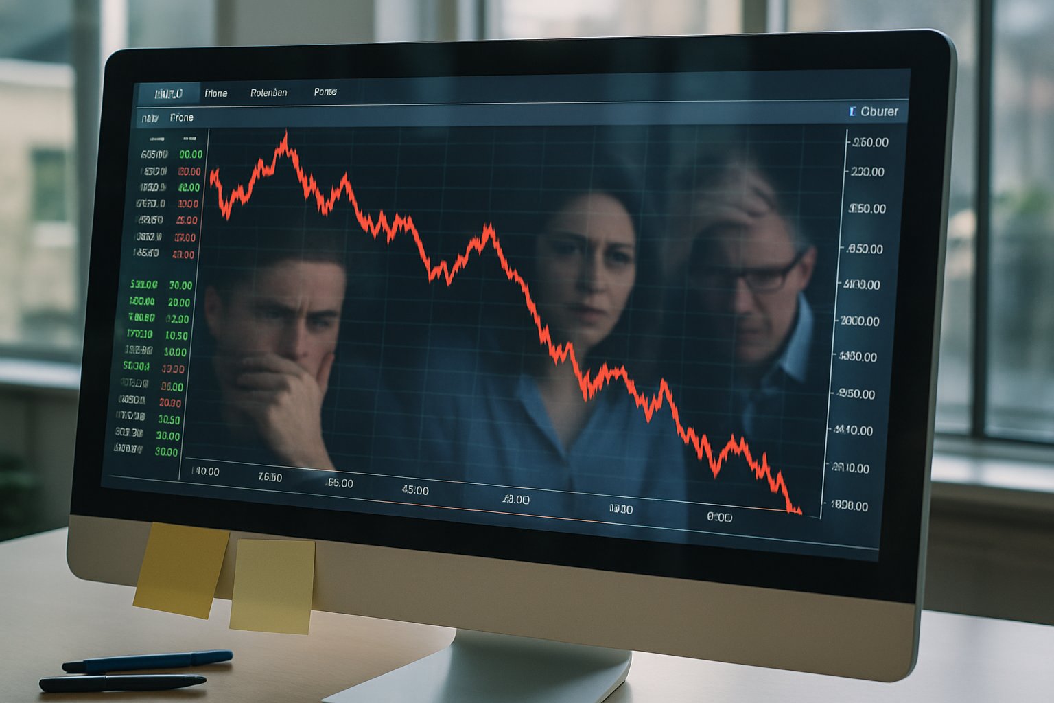 Financial Stability Crisis shown by falling stock market chart and anxious employees