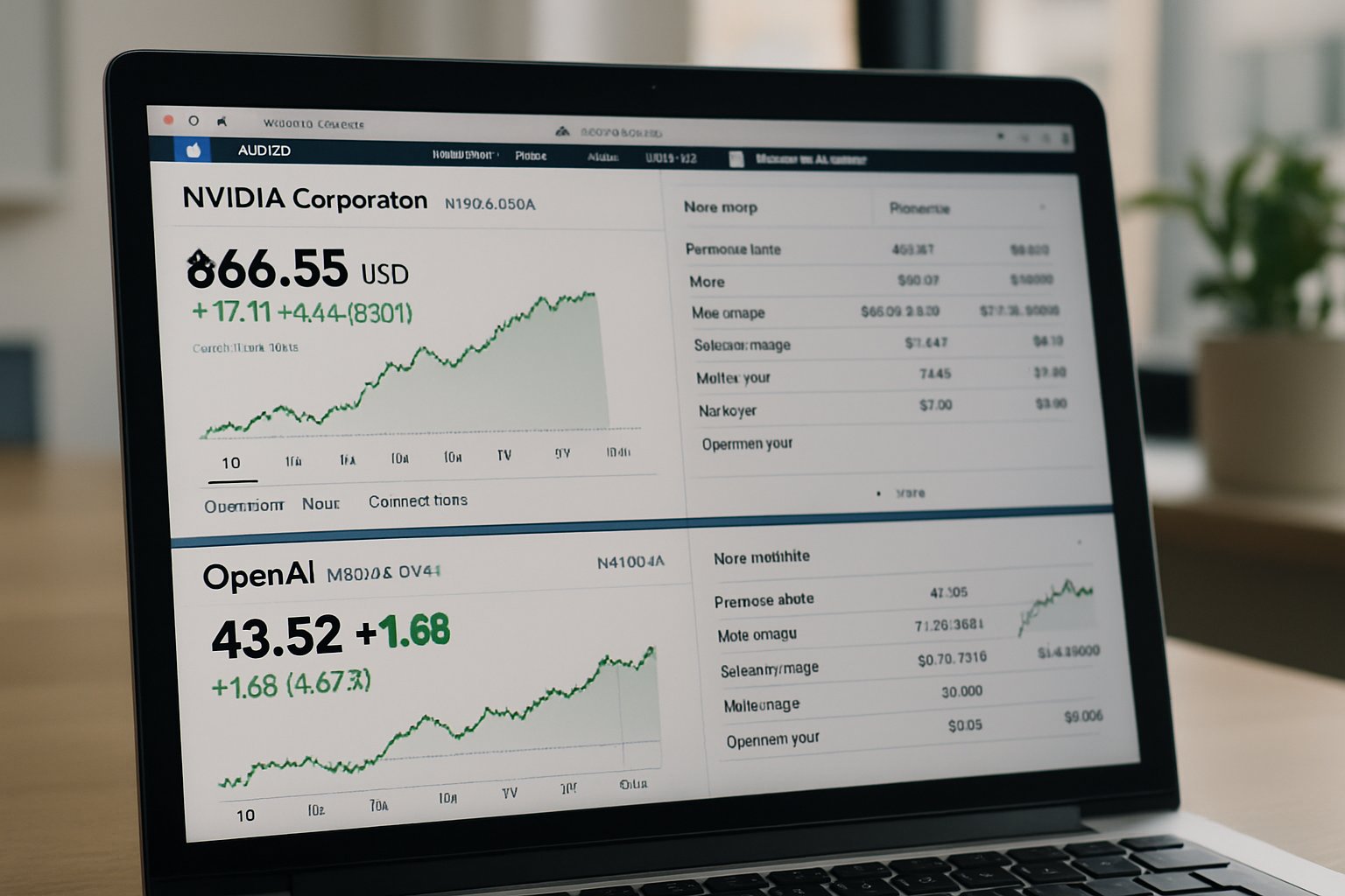 Computer displays NVIDIA OpenAI Investment stock data and financial graphs.