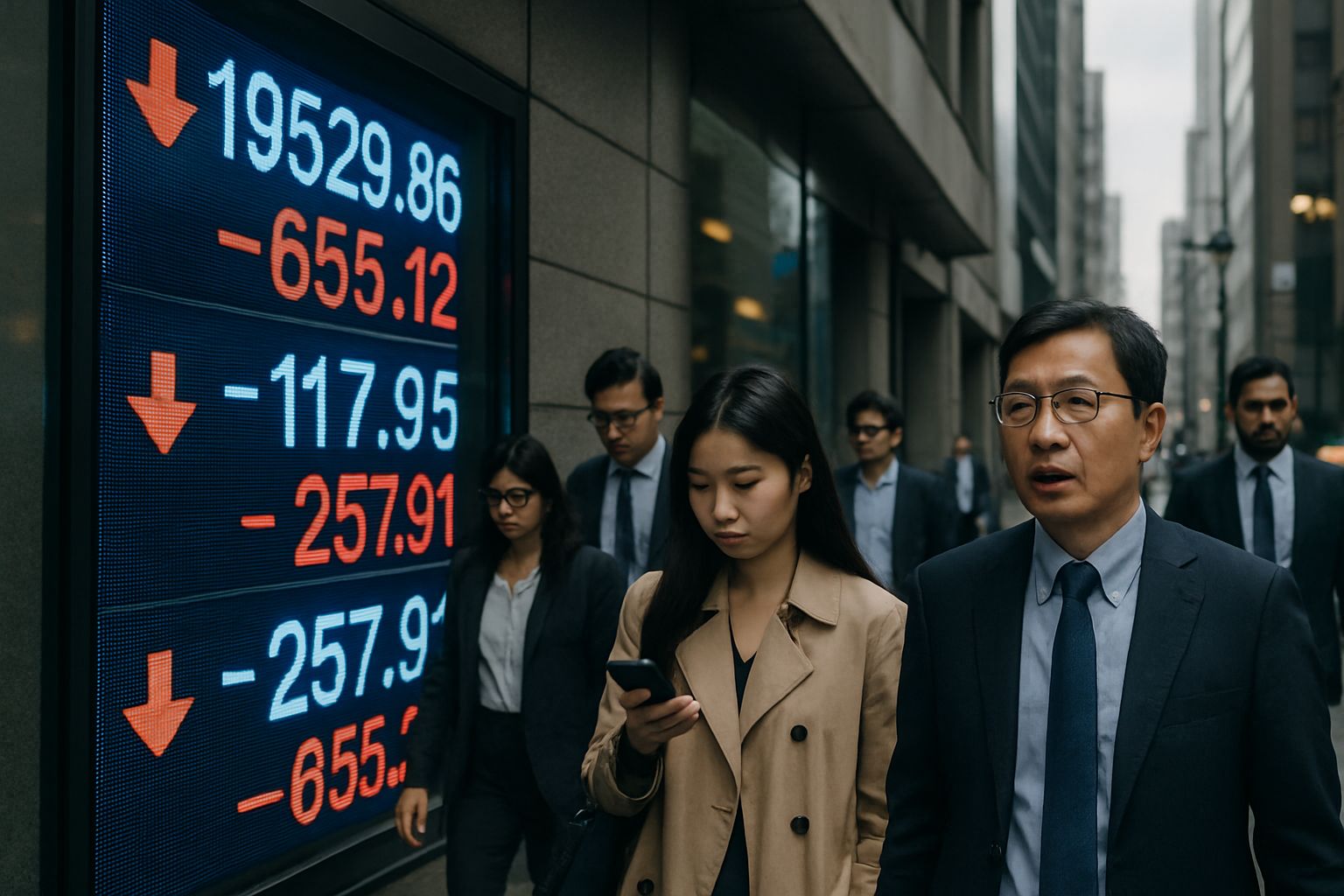 Street view of Asian stock tickers reflecting Foreign Outflows impact.