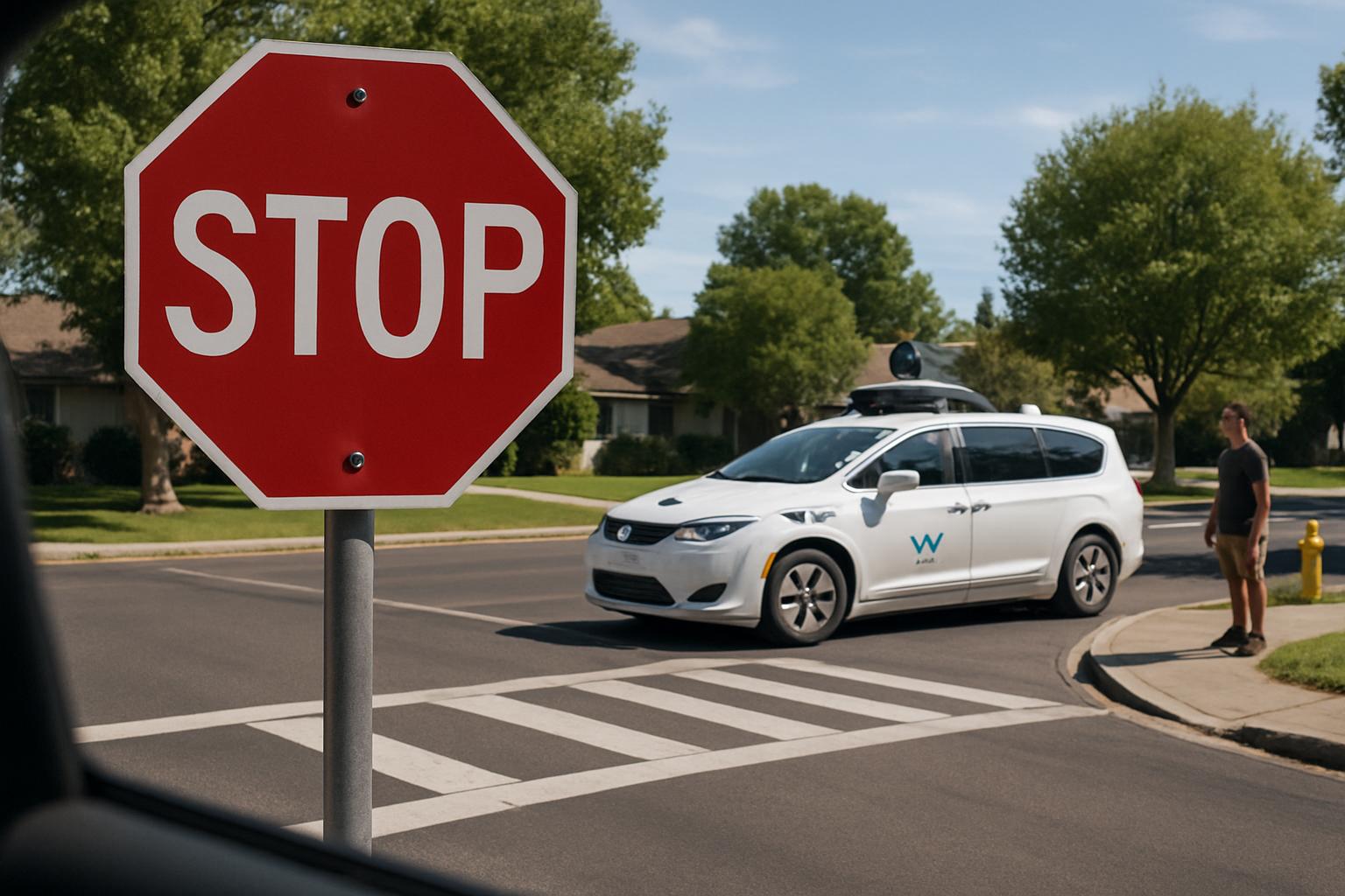 Self-driving Safety Crisis visualized with Waymo car and stop sign at crosswalk.