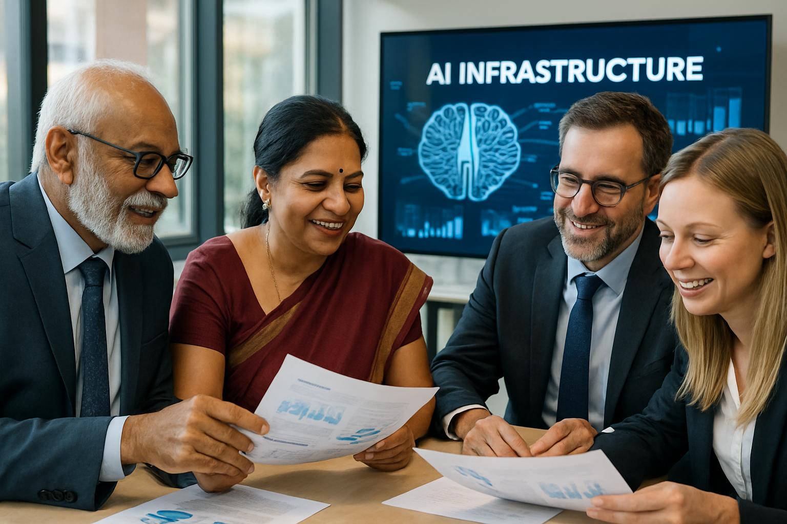 Business leaders collaborating on AI Infrastructure Plan strategy in boardroom.
