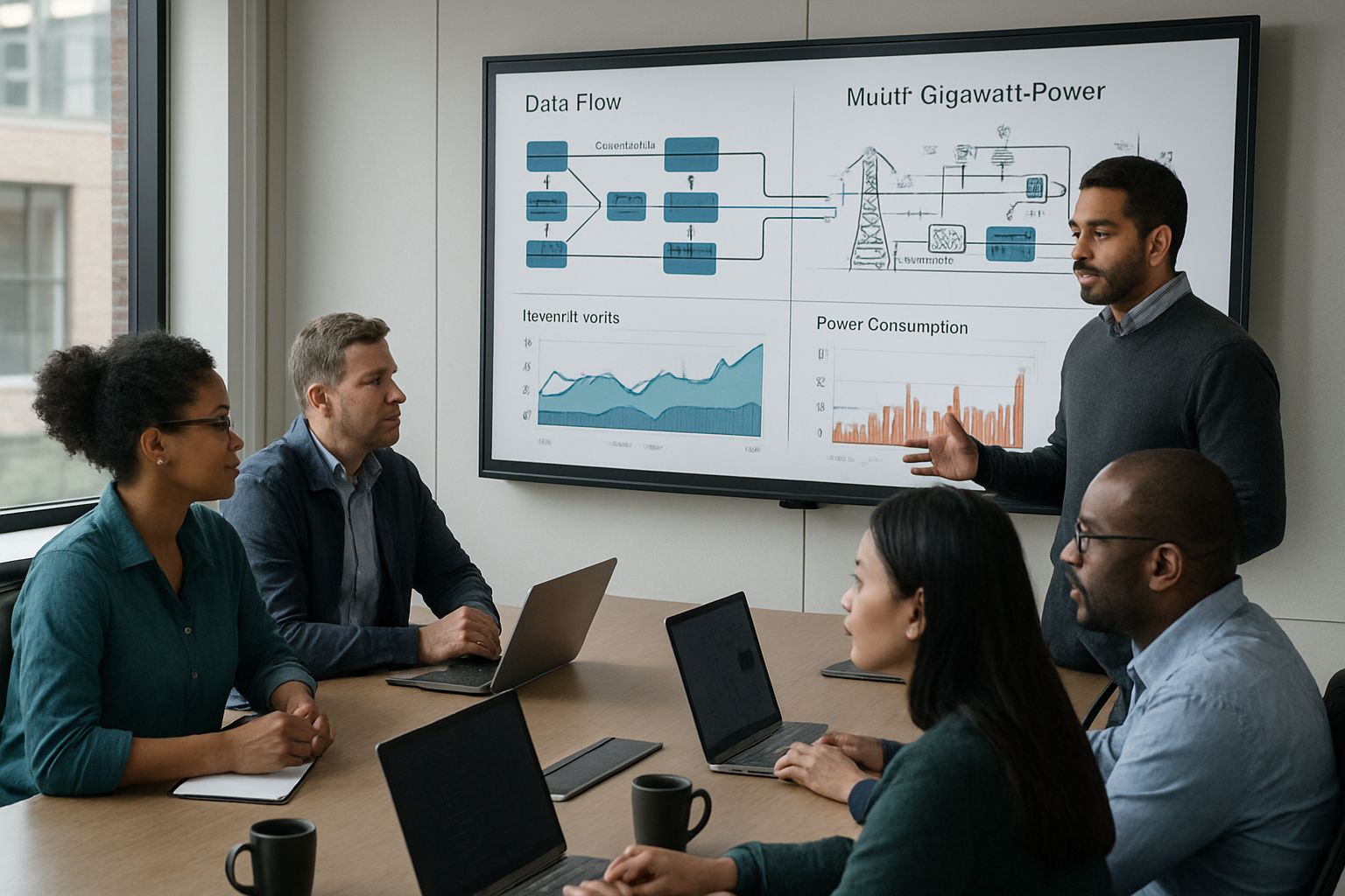 Team collaborating in conference on Hyperscale Compute Management strategy dashboard.