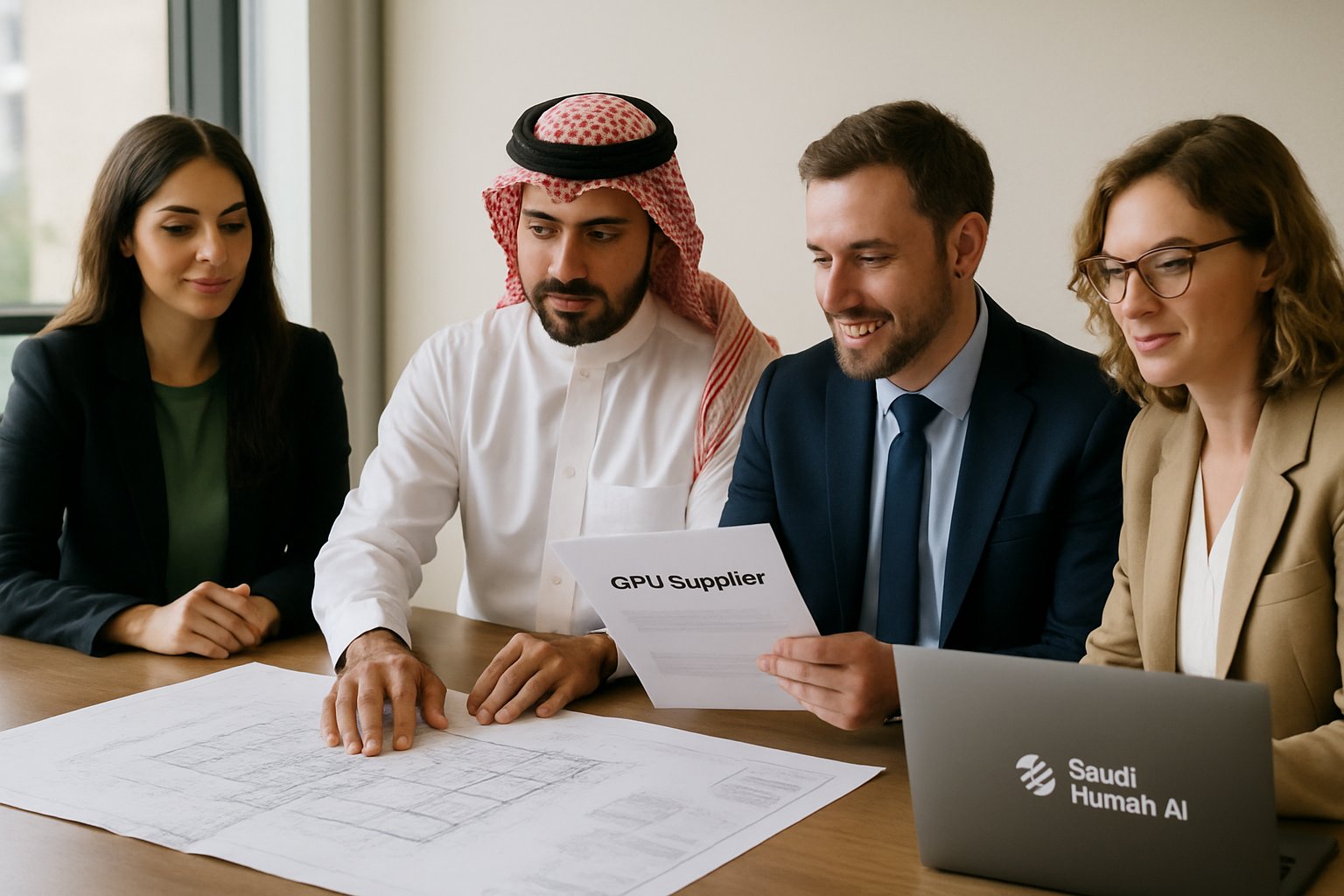 Saudi Humain AI executives discuss GPU sourcing strategies in a meeting.