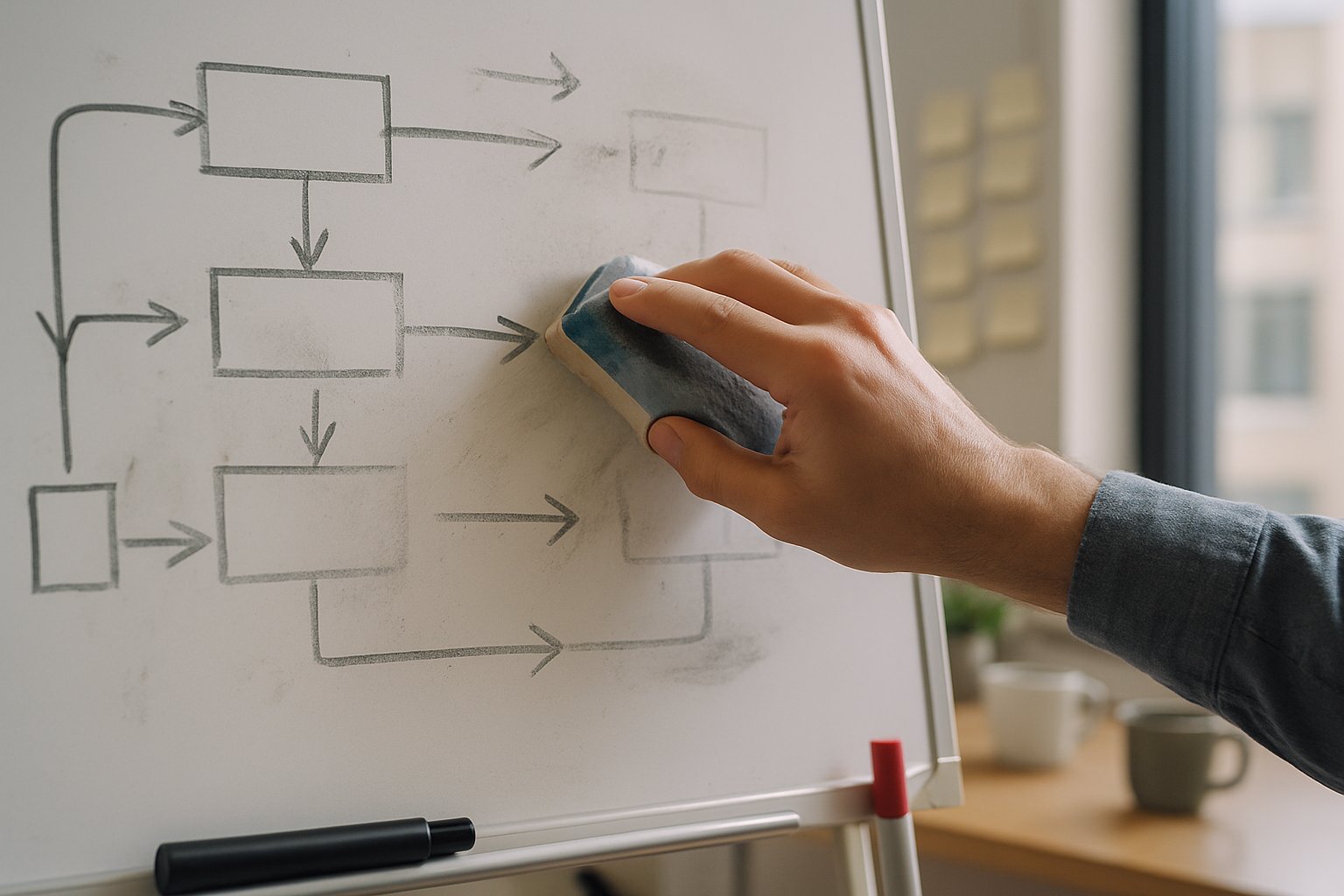Strategy Erosion Crisis shown by erasing strategy plans on a whiteboard.
