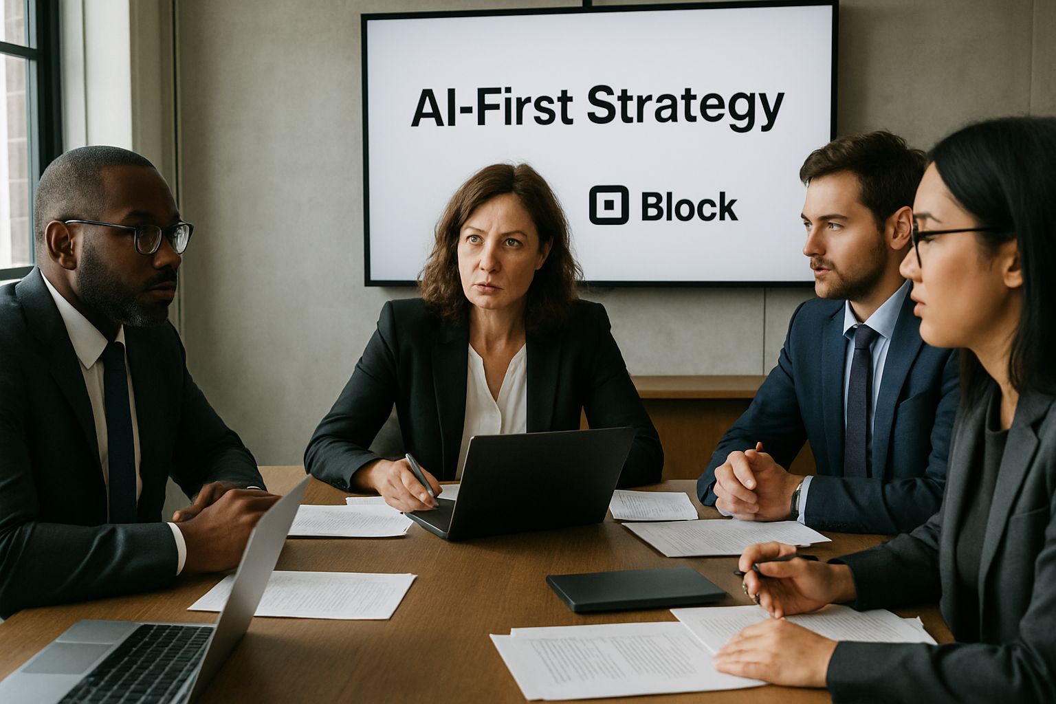 Block Layoffs meeting discussing AI-first company strategy and future plans.