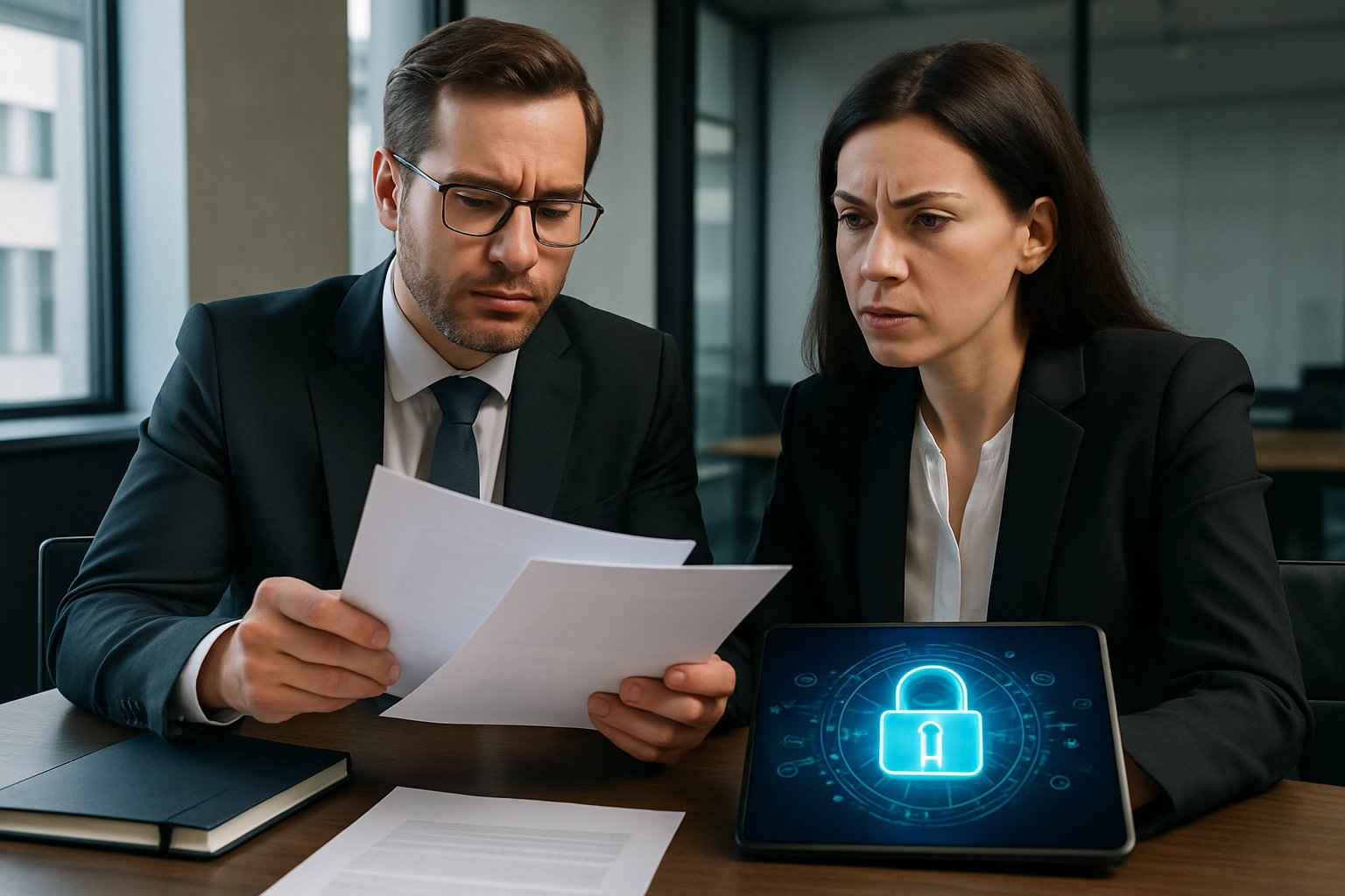 Business professionals discussing Security Gap and encryption strategies.