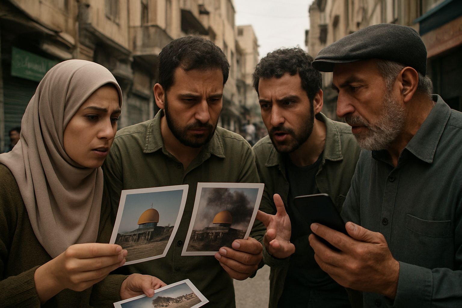 Citizens in Iran review images for Iran War Disinfo detection amid city streets.