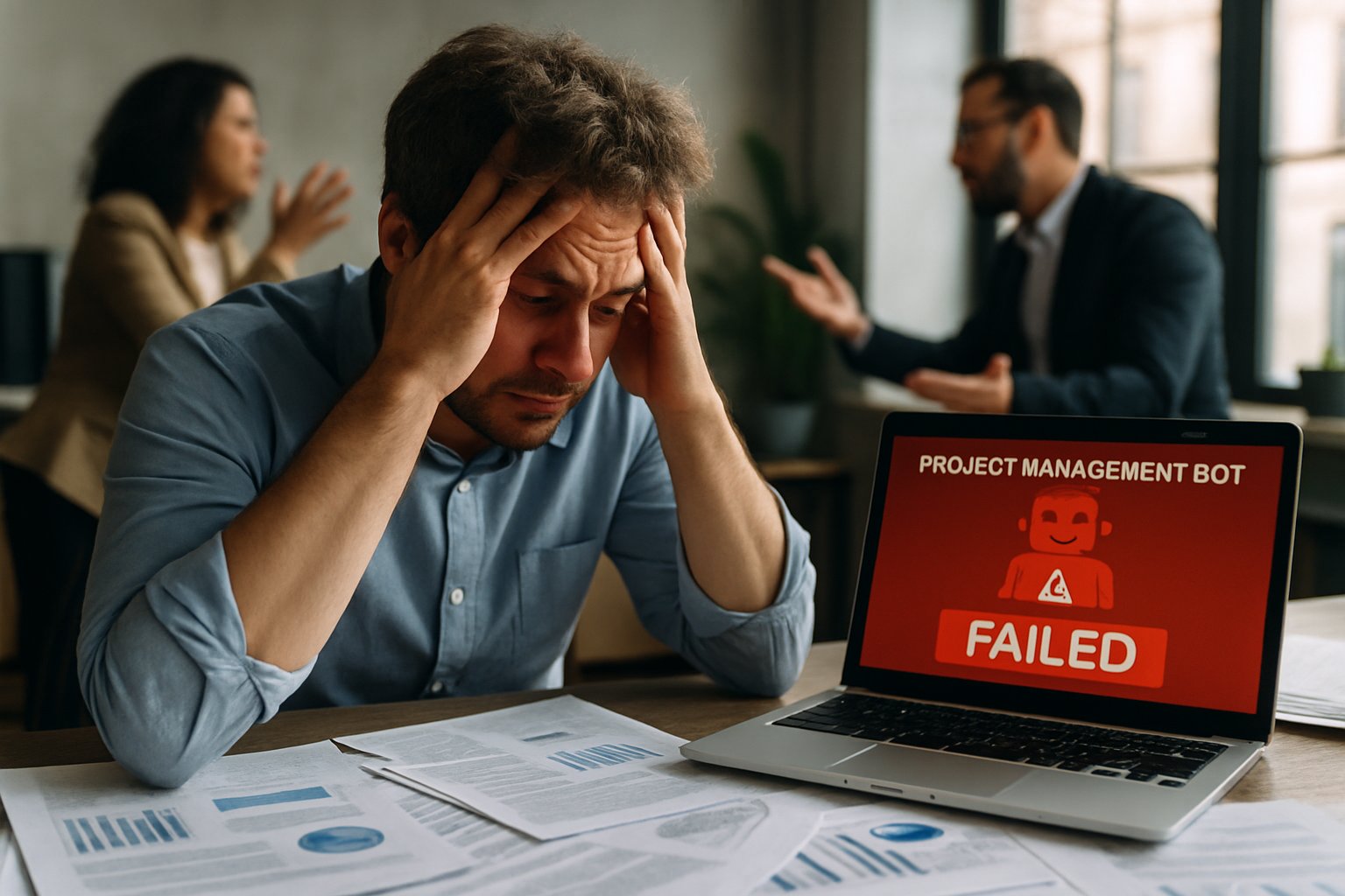 Team Dynamics Crisis shown by stressed leader beside failing PM bot output.