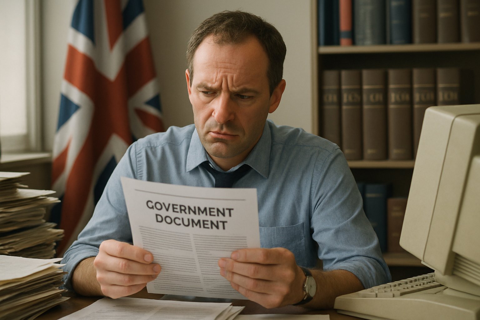 Frustrated public sector worker experiencing Public Sector Stagnation in the UK.