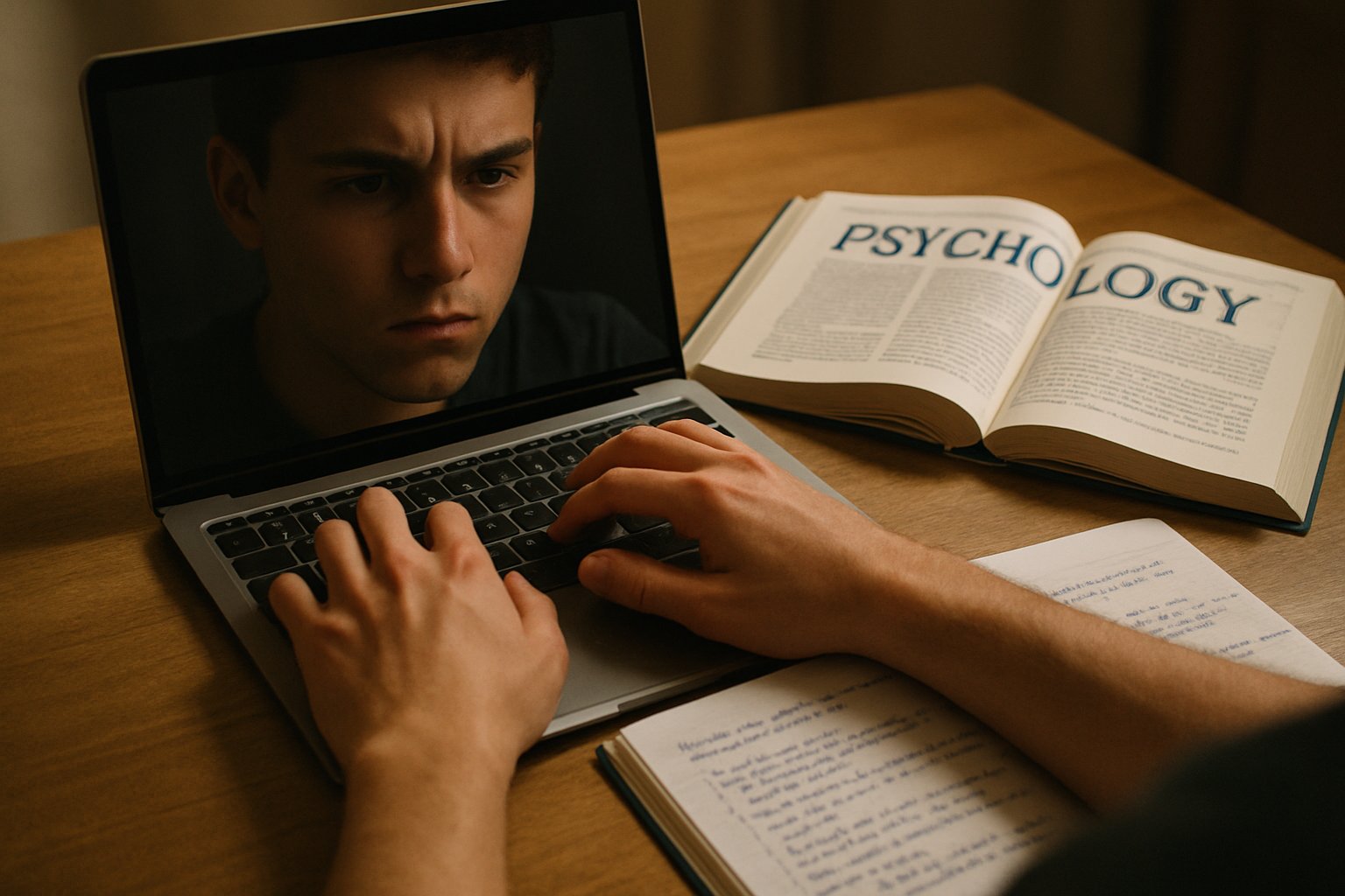 Student addressing Learning Psychology Crisis with laptop and psychology textbook.