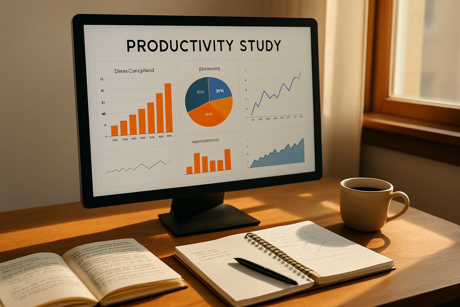Productivity Study data visualized on developer's organized desk setup.