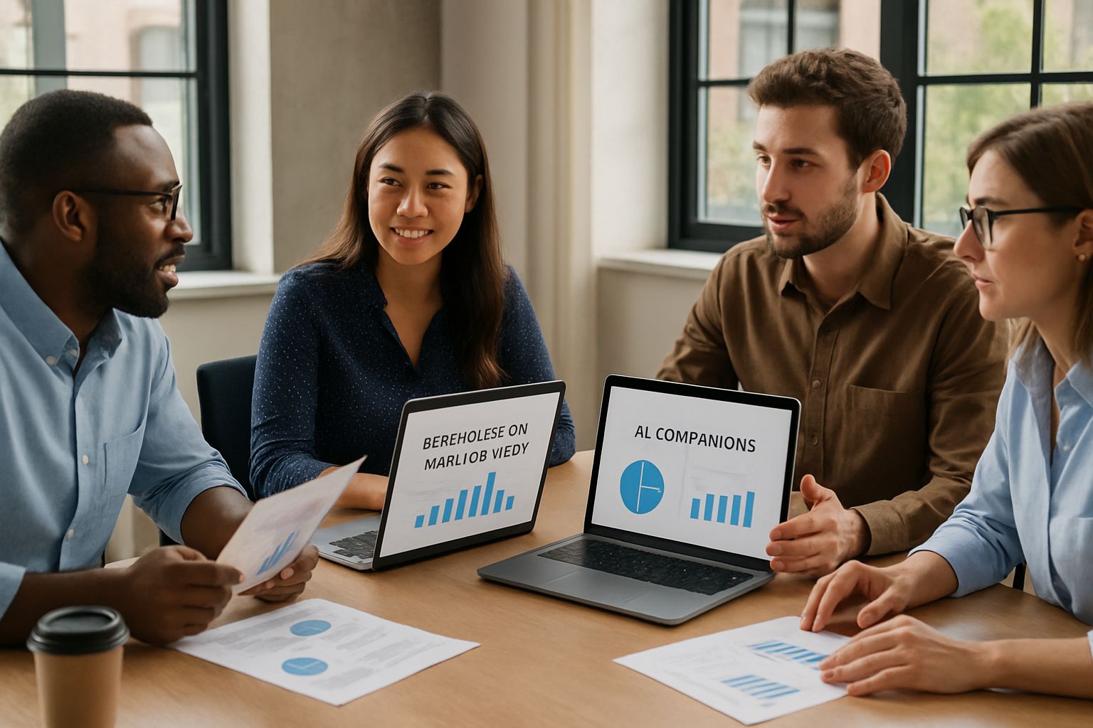 Psychological Impact Study team reviews findings on AI companion effects during office discussion.