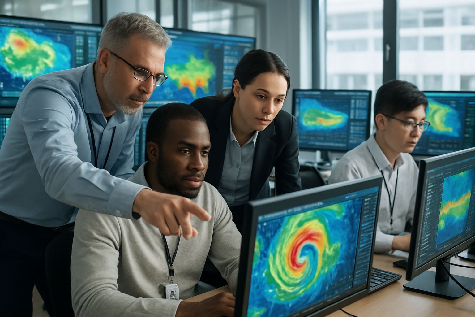 Supercomputing experts collaborating on weather research in a data-driven office.