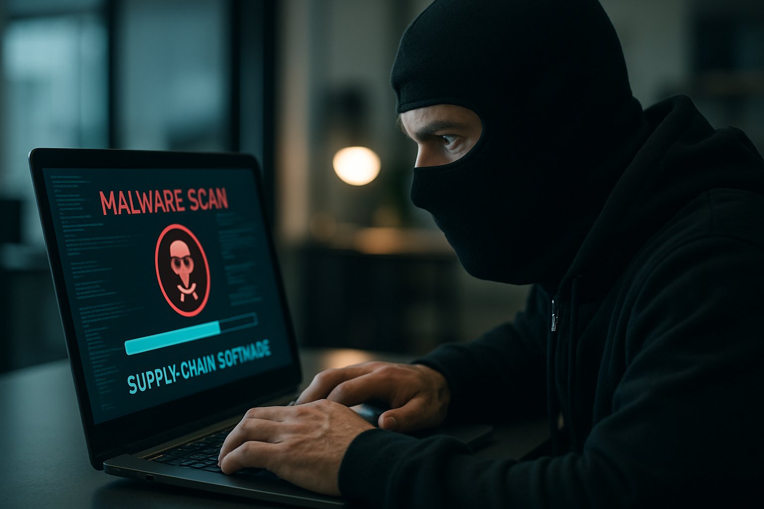 Cybersecurity expert scans for Compliance Integrity Breach malware on supply chain software