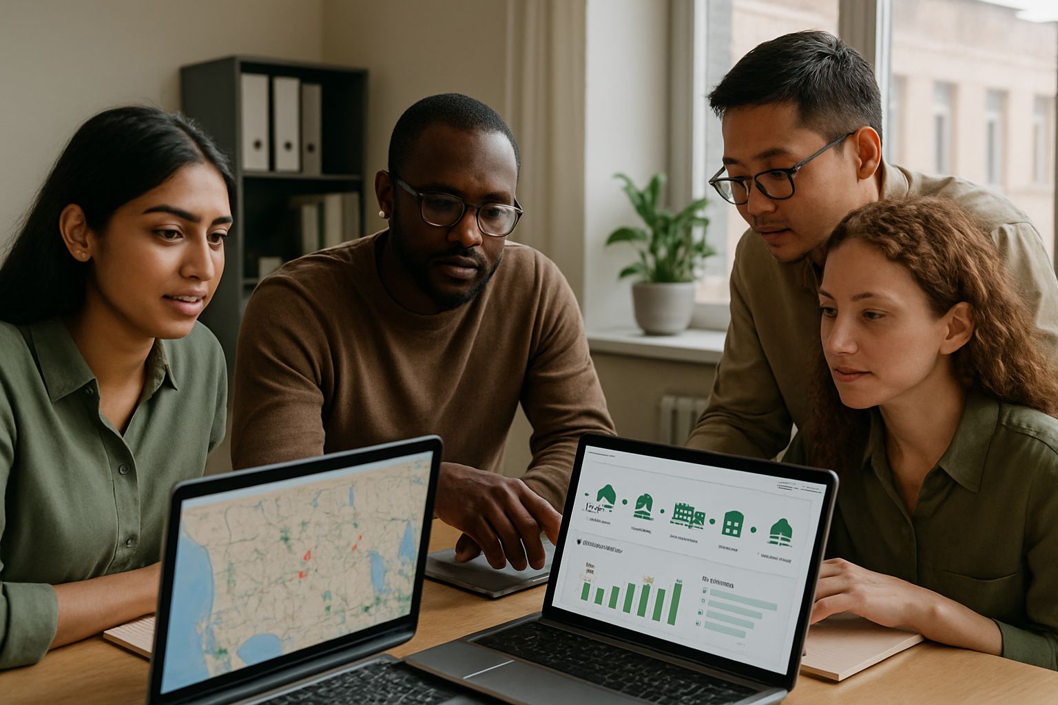 Tech professionals analyzing Food System supply chain data in office.