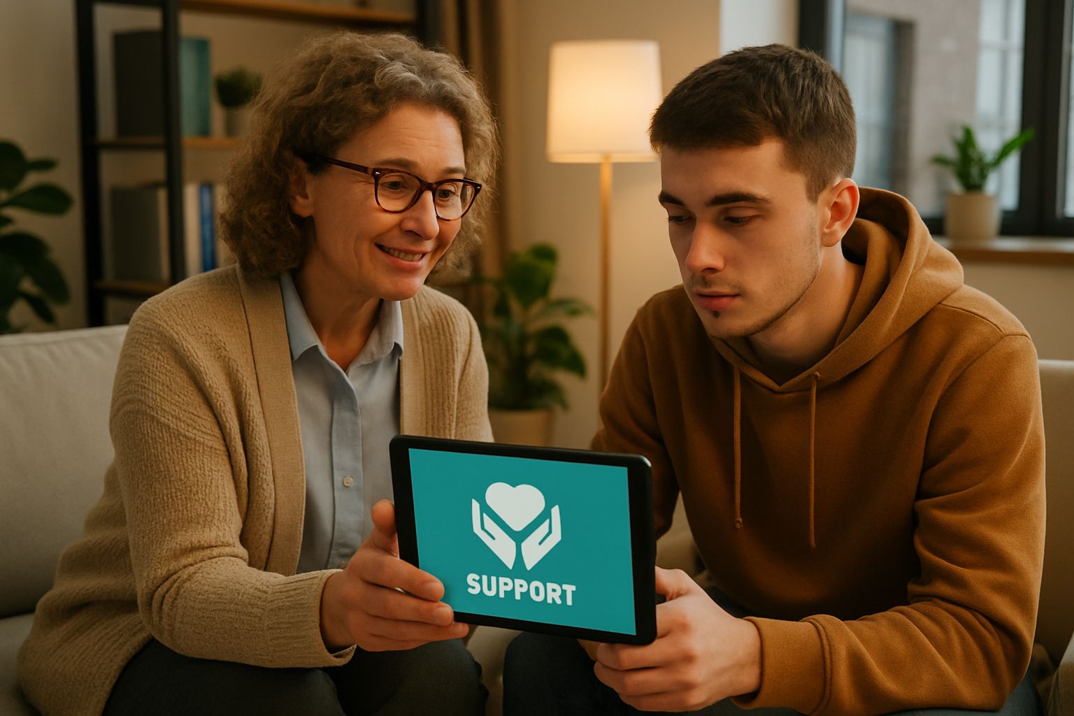 Counselor discusses Companion AI Safety with young adult using a digital support app.
