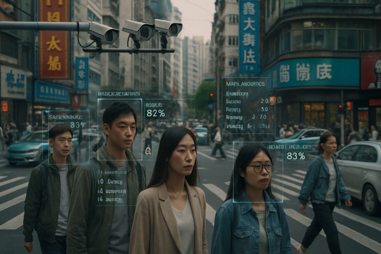 Urban Chinese street with Tianyan 3.0 System surveillance and data overlay.