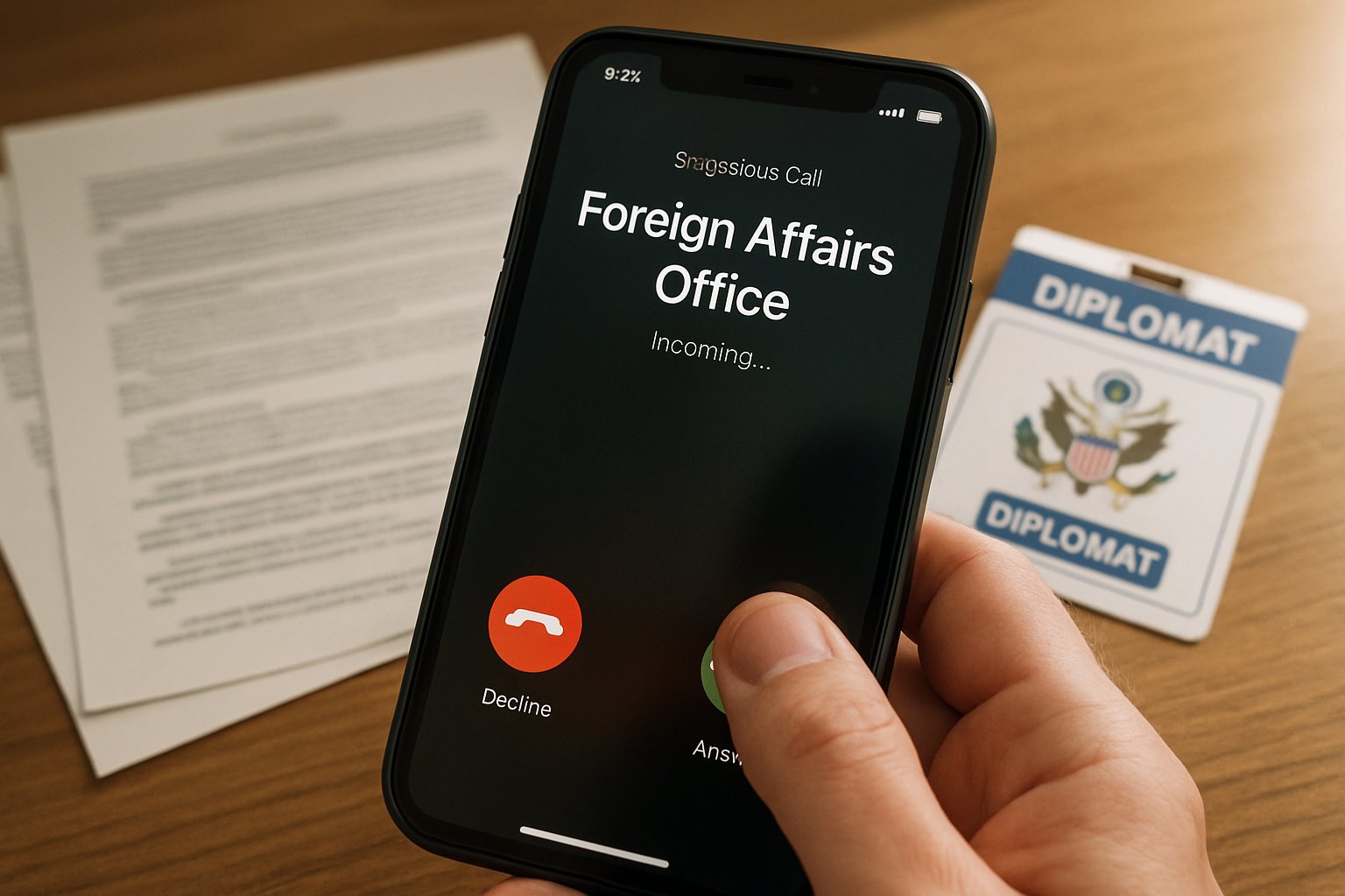 Diplomatic Secretary Spoofing shown by suspicious call on smartphone with official documents.