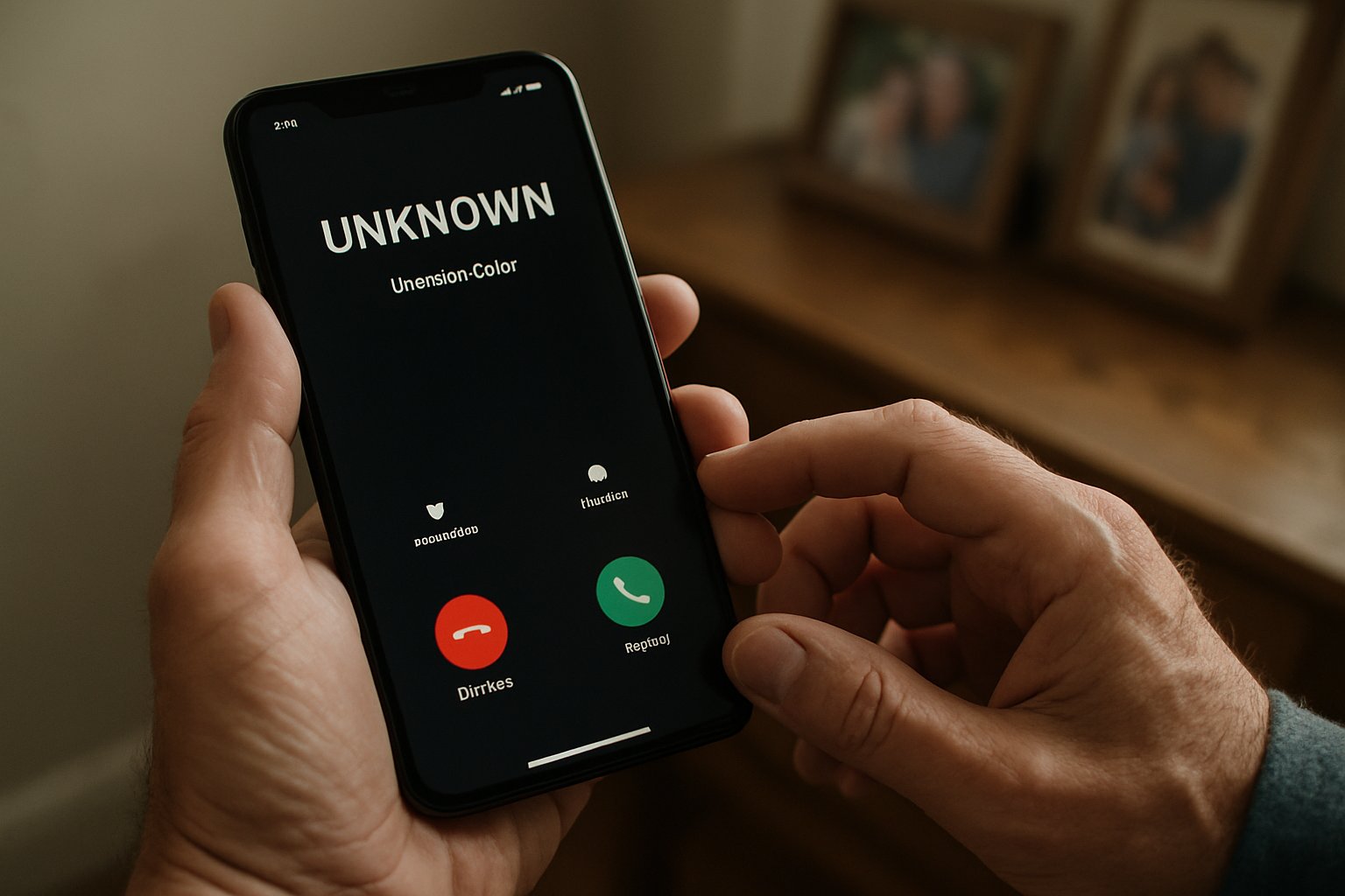 Phone displaying Ransomware Voice Scams incoming call in a real-life home.