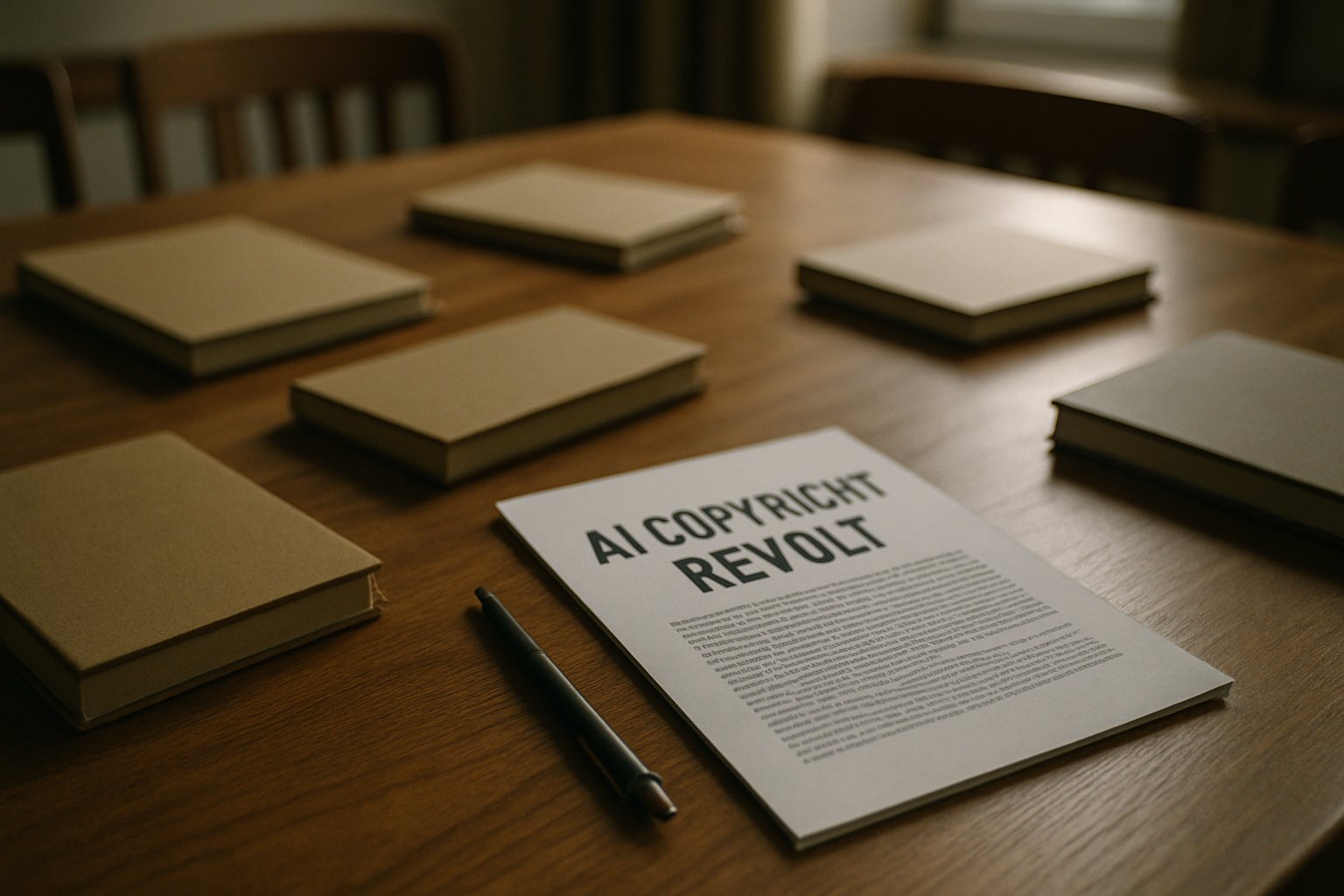 Close-up of empty books and pamphlet on AI Copyright Revolt.