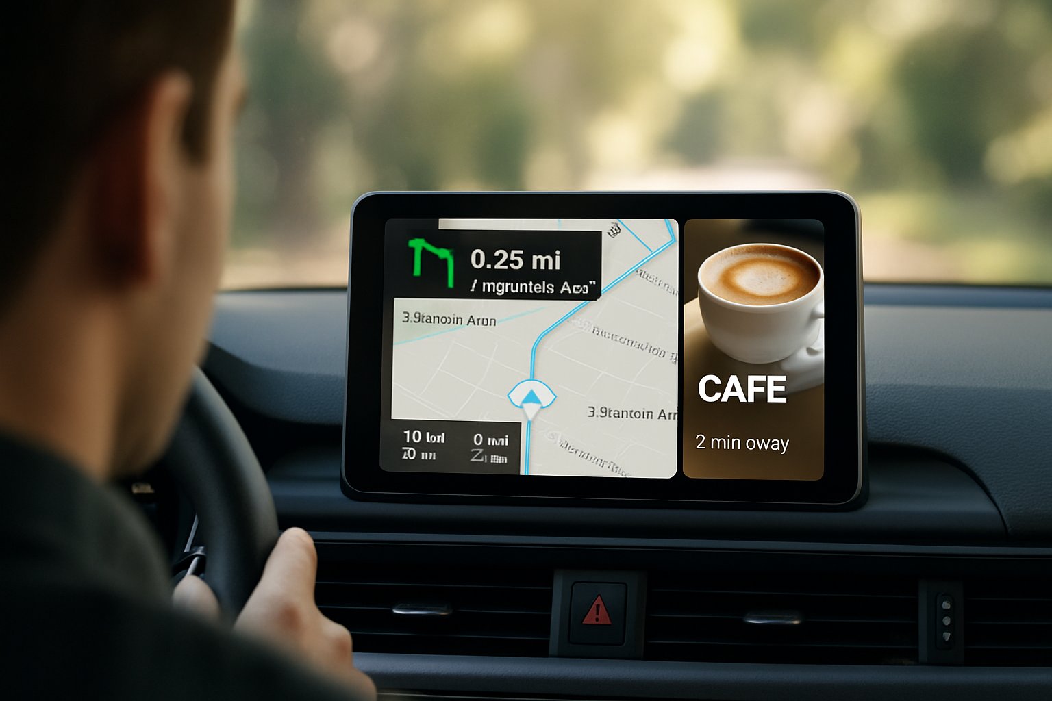 Driver viewing High-intent Signal ad on CarPlay map interface.