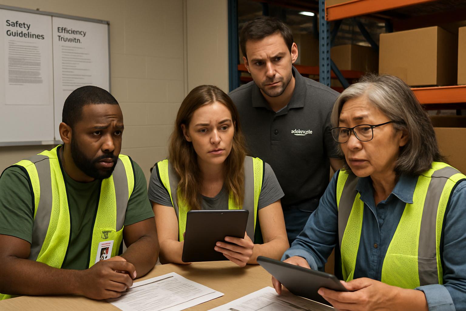 Amazon staff discussing Workforce Efficiency Friction and warehouse productivity goals.