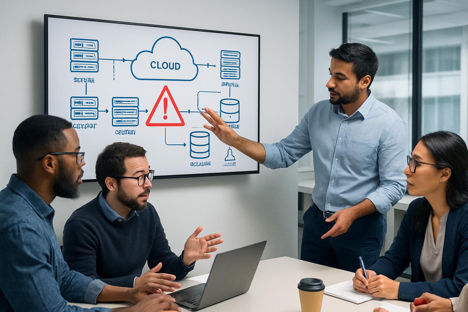 Team collaborates over cloud infrastructure design flaw on office screen.