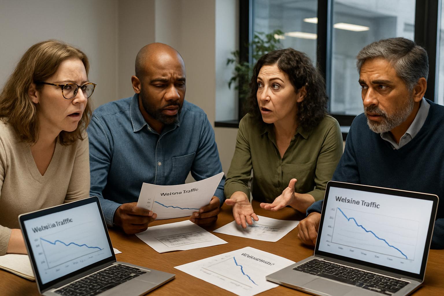 Team discussing Open Knowledge traffic decline at conference table with charts.