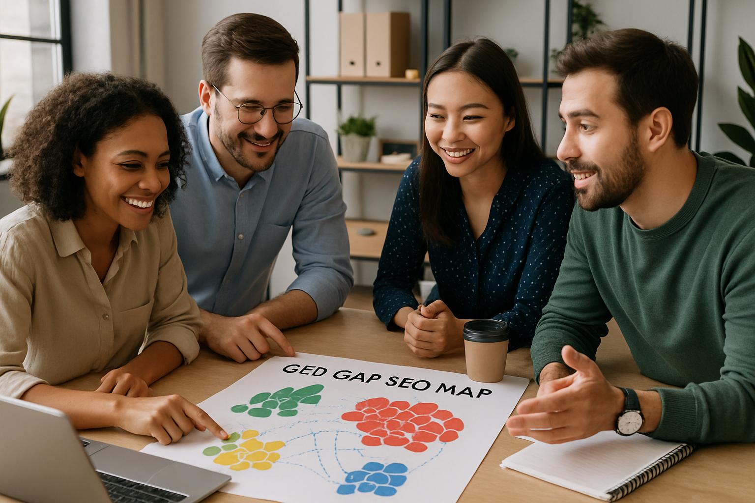 Marketing team collaborates on Modern SEO Shift GEO GAP strategy map.