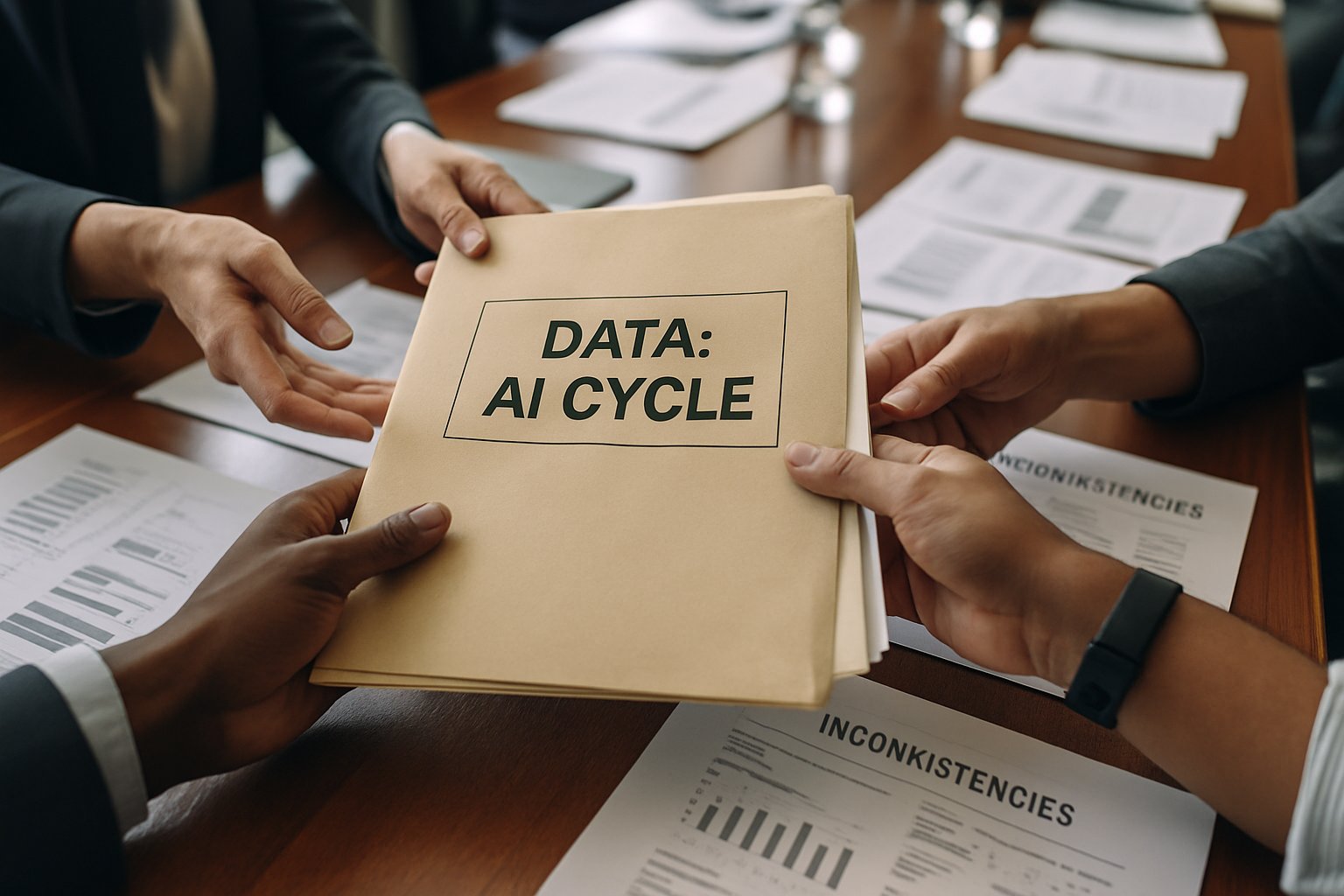 Algorithmic Misinformation Cycle shown through real people passing AI data folders during a meeting.