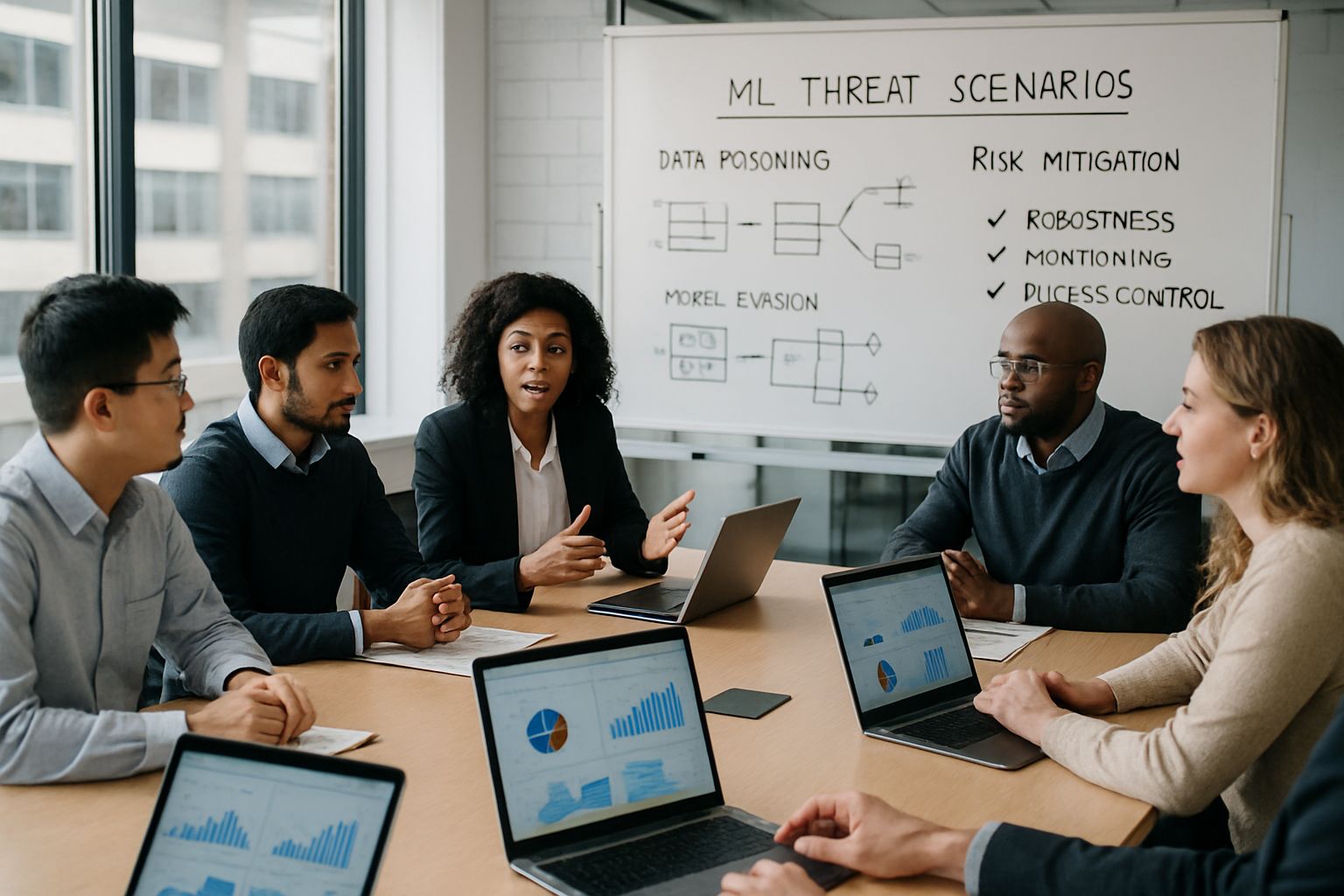 Team meeting discussing Machine Learning Threat mitigation strategies.