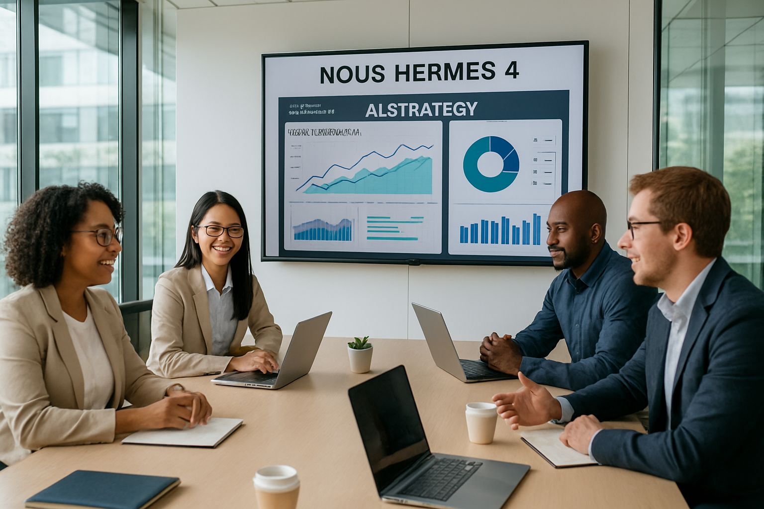 Nous Hermes team collaborating on AI business strategy in conference room.