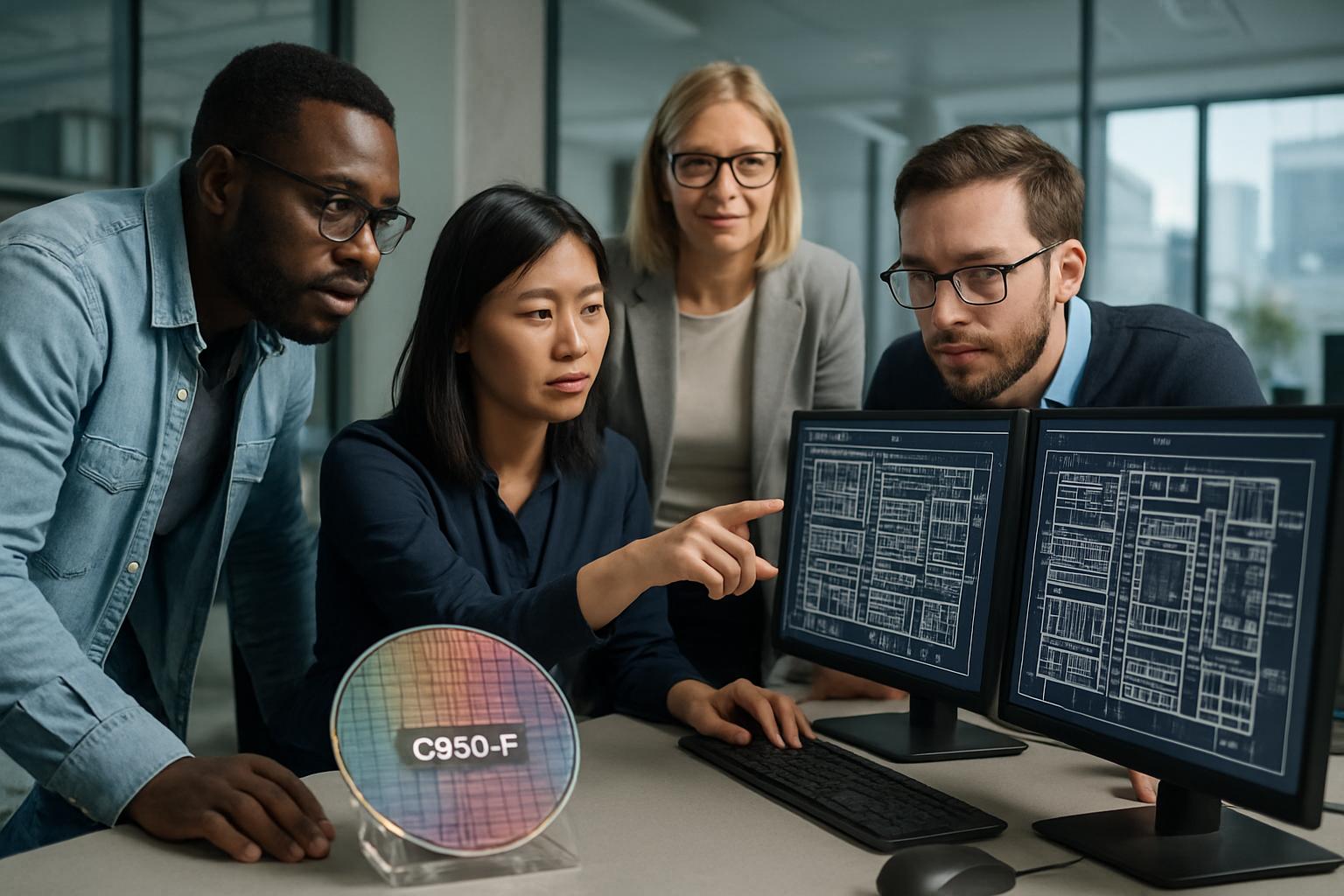 Semiconductor Innovation illustrated by engineers collaborating on C950 chip design