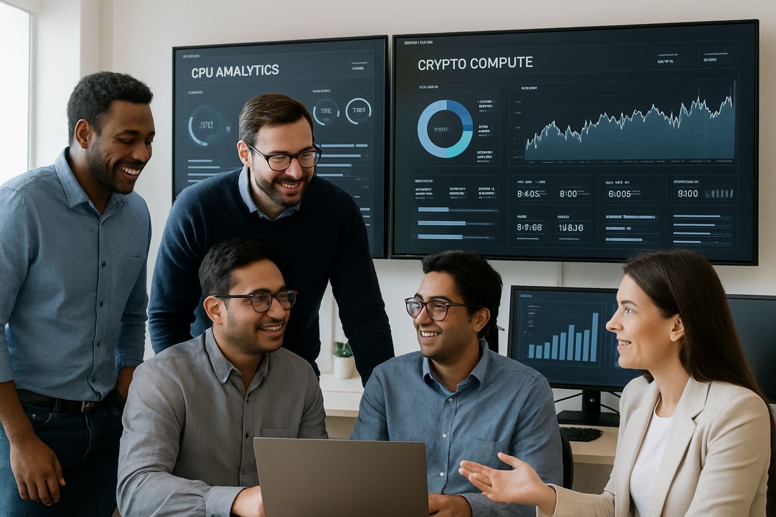 IT team collaborating on AI Crypto Compute operations in control room.