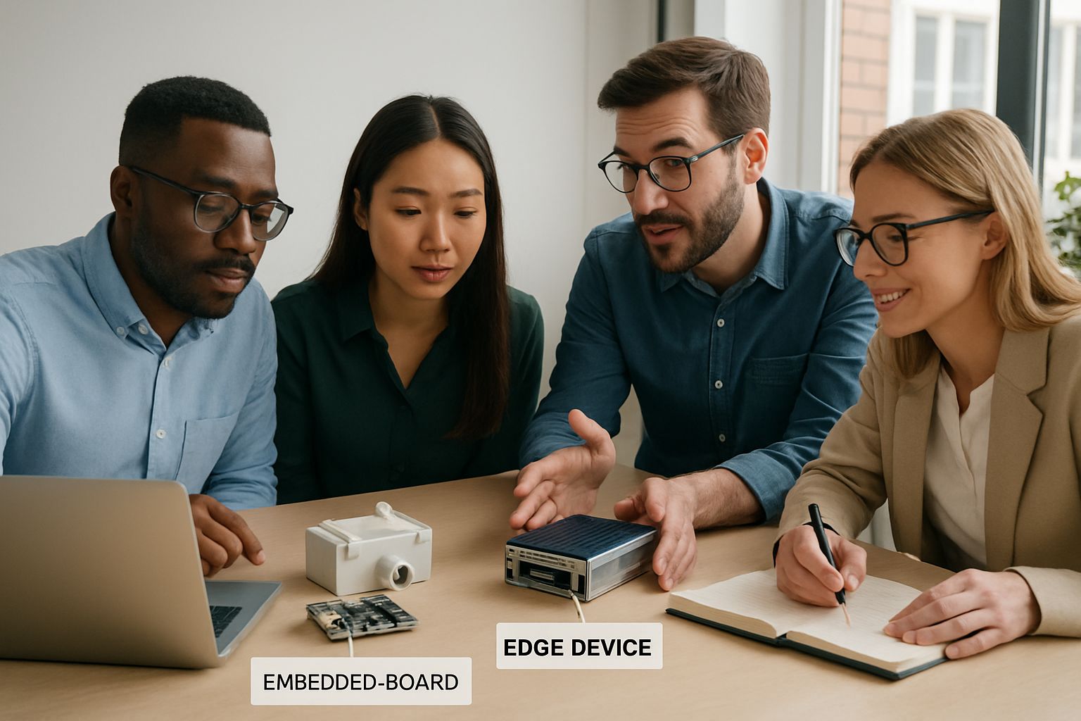 Team of engineers evaluating Hardware Edge devices and solutions in a meeting.