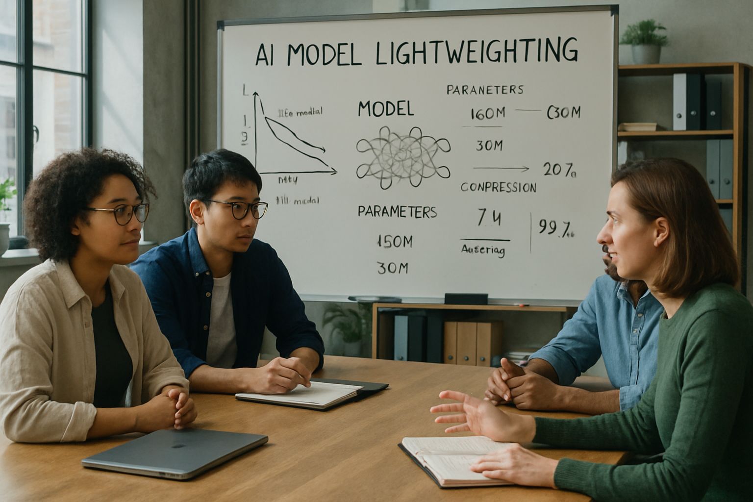 Technical team discussing AI Model Lightweighting strategies in a modern boardroom.