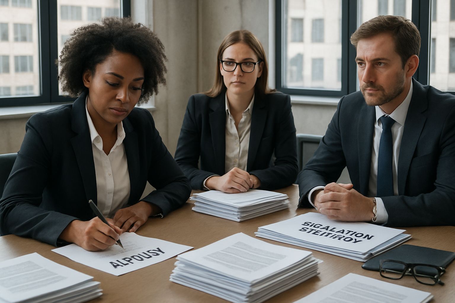 Tech policy professionals discussing AI Political Regulation strategies in office.