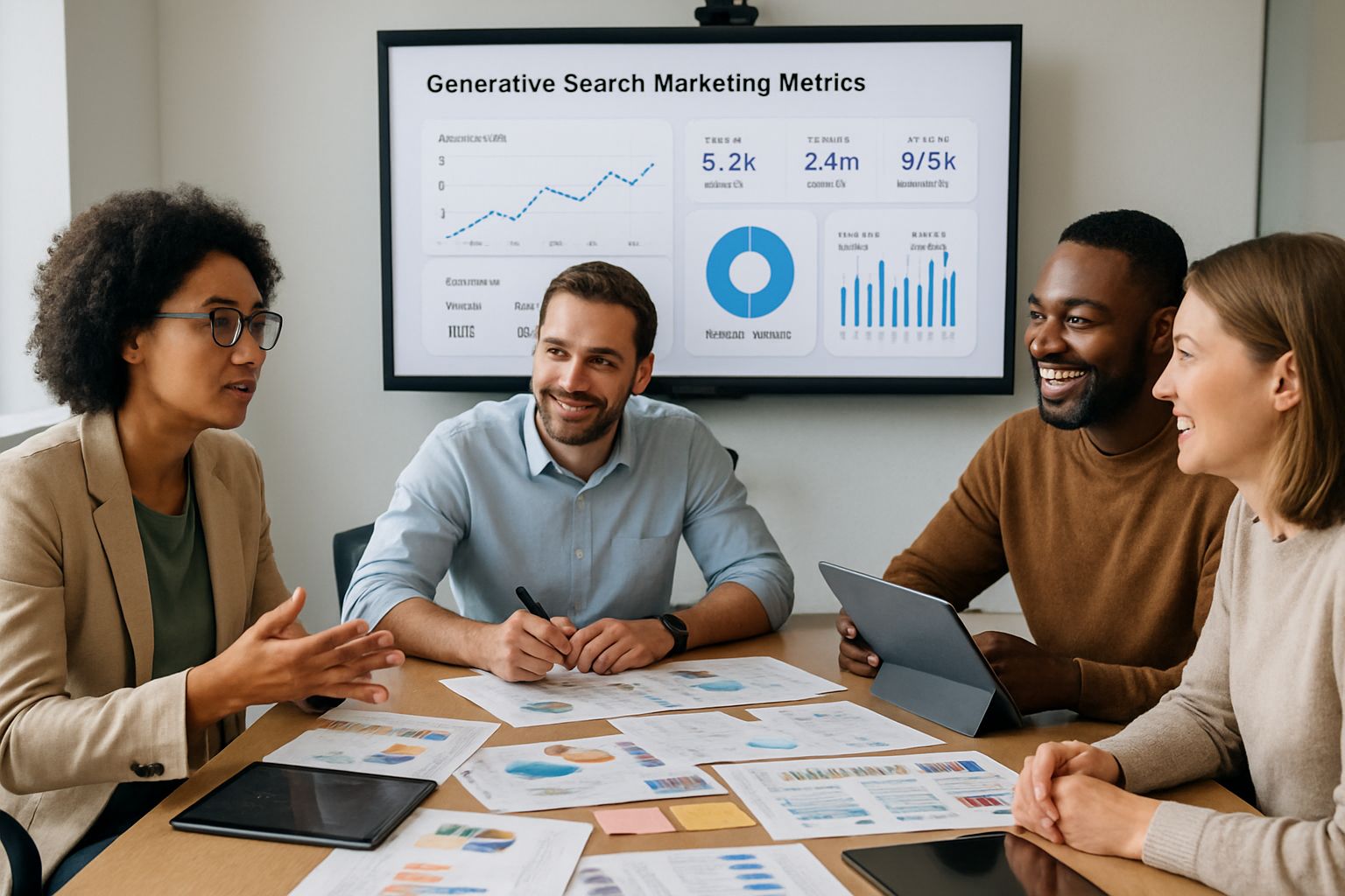 Generative Search Marketing team collaborates on campaign metrics and strategy.