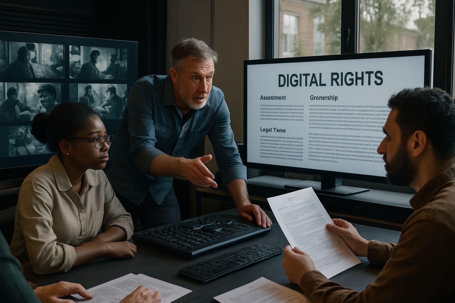 Team analyzing film reels and documents for InterPositive Acquisition Logic in post-production studio.