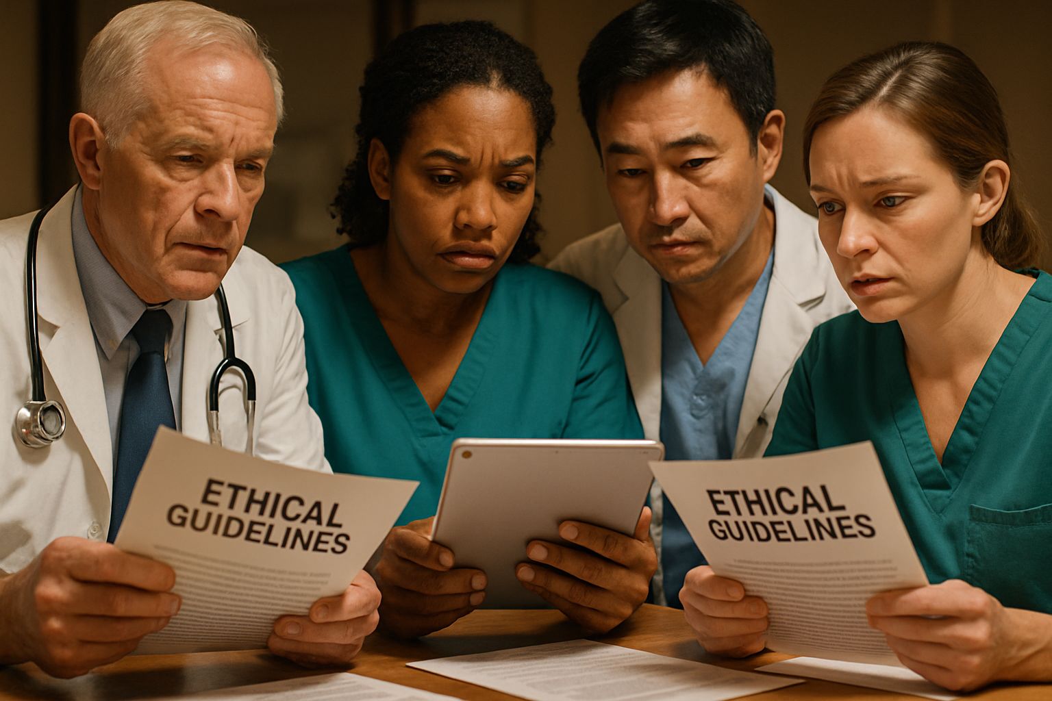 Healthcare team reviews Medical Ethics guidelines to address AI misdiagnoses risks.