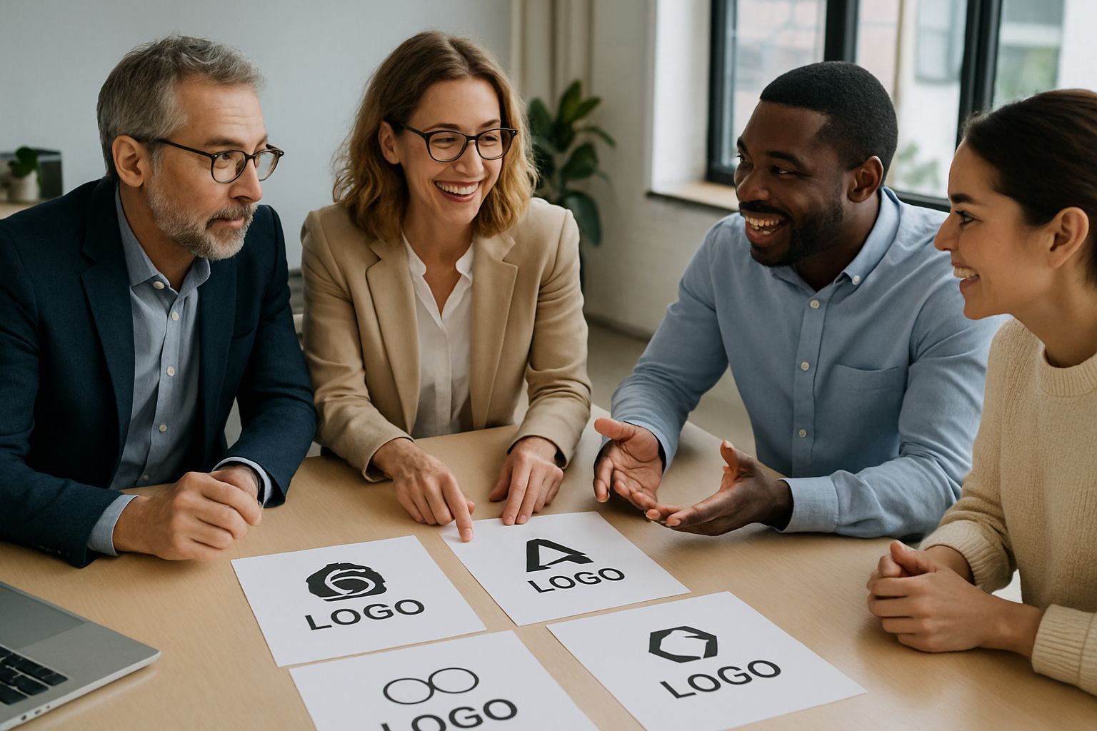 Professionals evaluate logo designs emphasizing Intellectual Property rights.