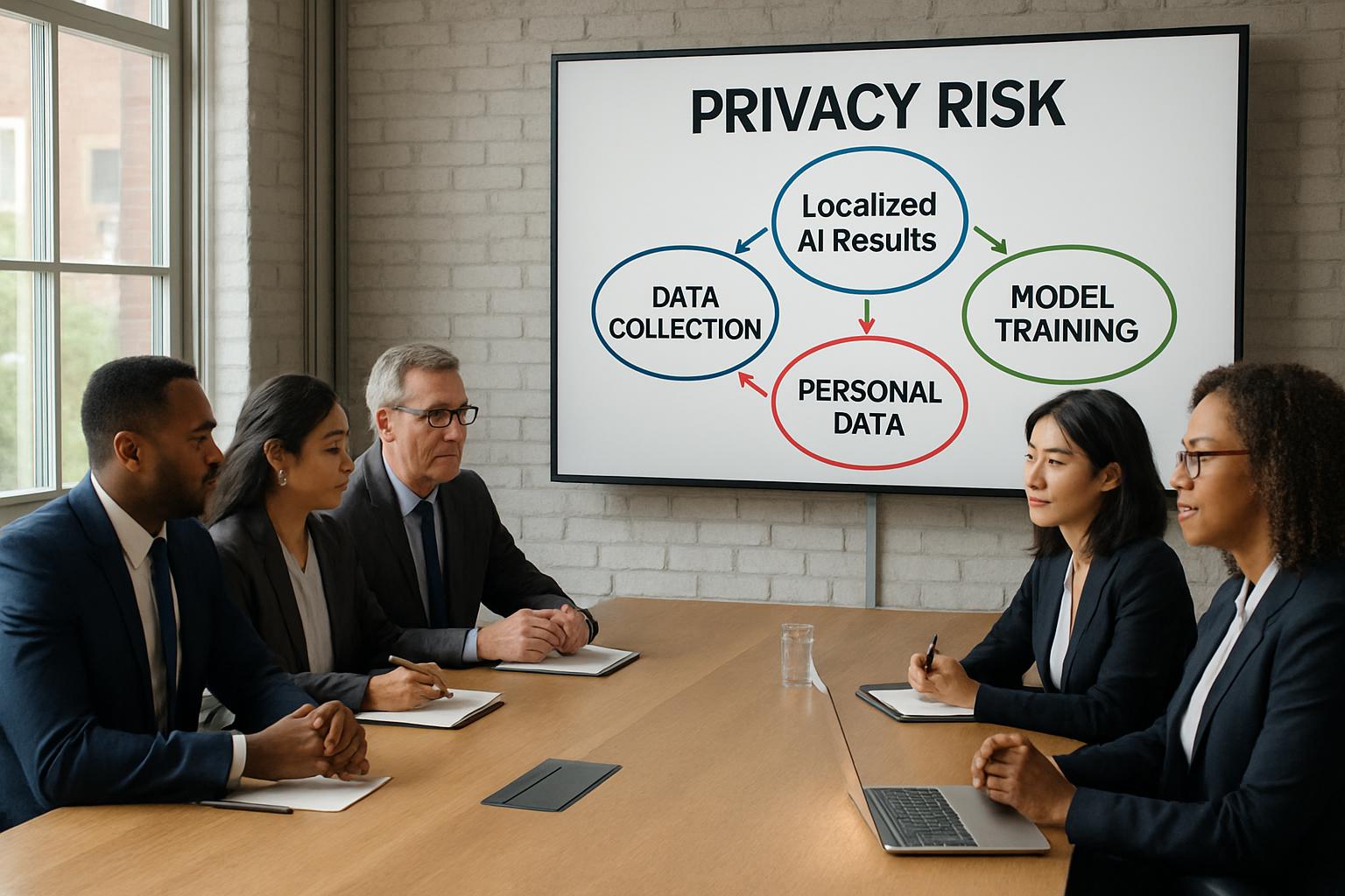 Business team discusses Localized AI Results privacy risk shown on wall screen.
