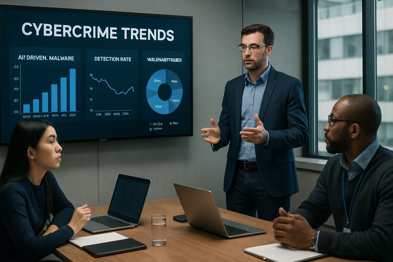Corporate team analyzing Cybercrime Development Trend with charts and graphs on screen.