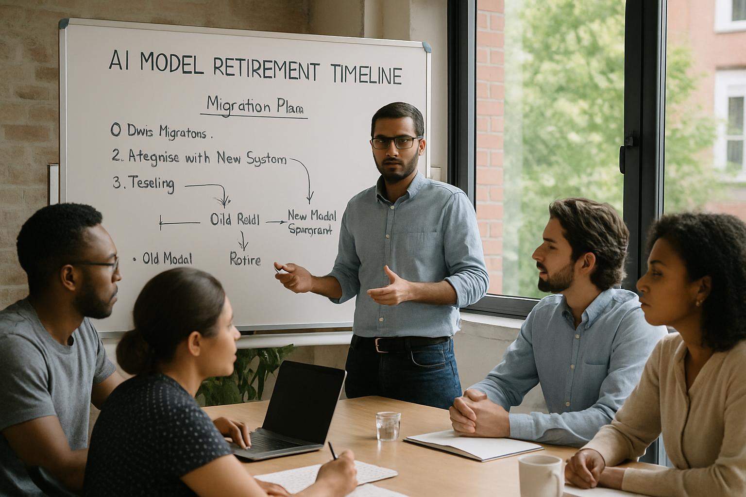 Team meeting to discuss AI Model Retirement timeline and migration strategy