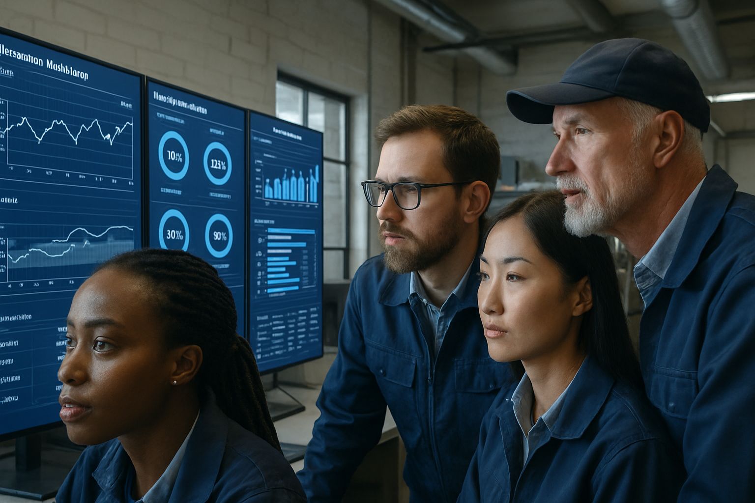 Industrial AI Expertise team collaborating over real-time manufacturing analytics in office.