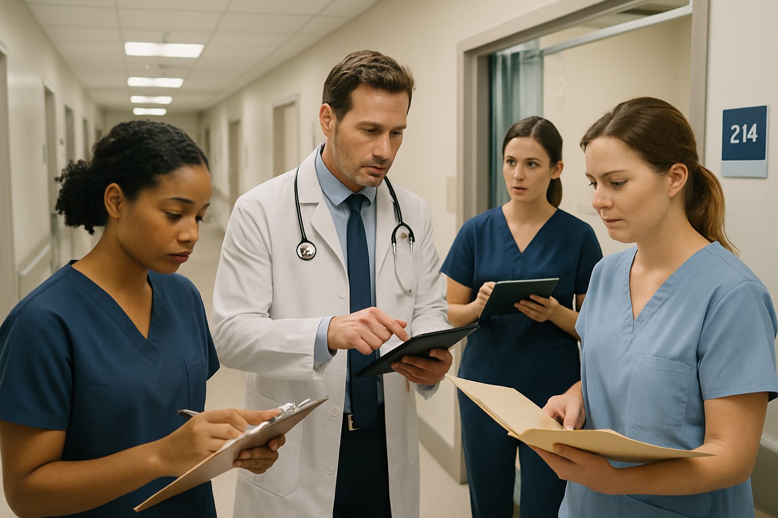 Hospital staff working together to streamline Medical Operational Efficiency in a real hospital environment.