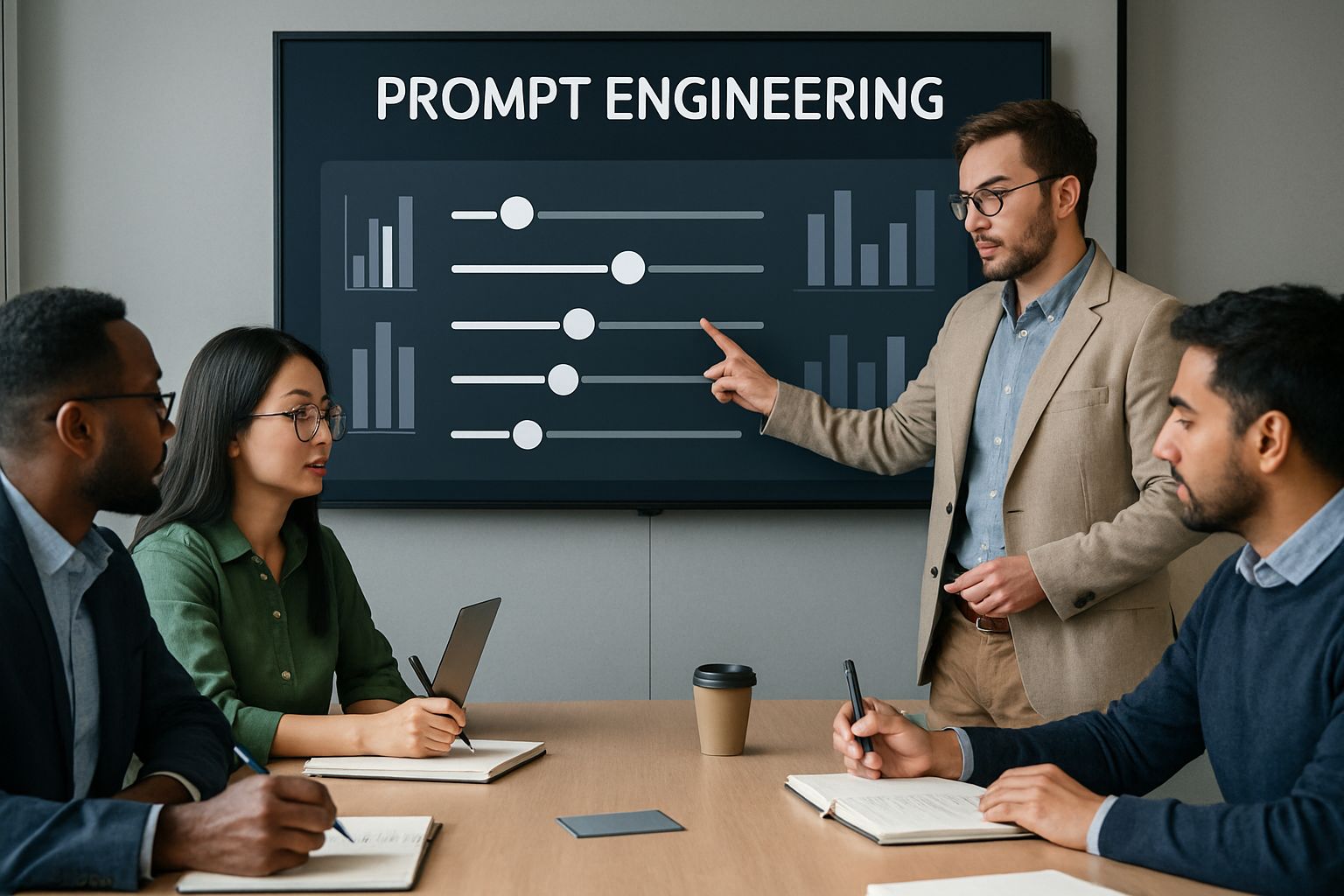 Team collaborating on prompt engineering visualization using digital sliders in an office.